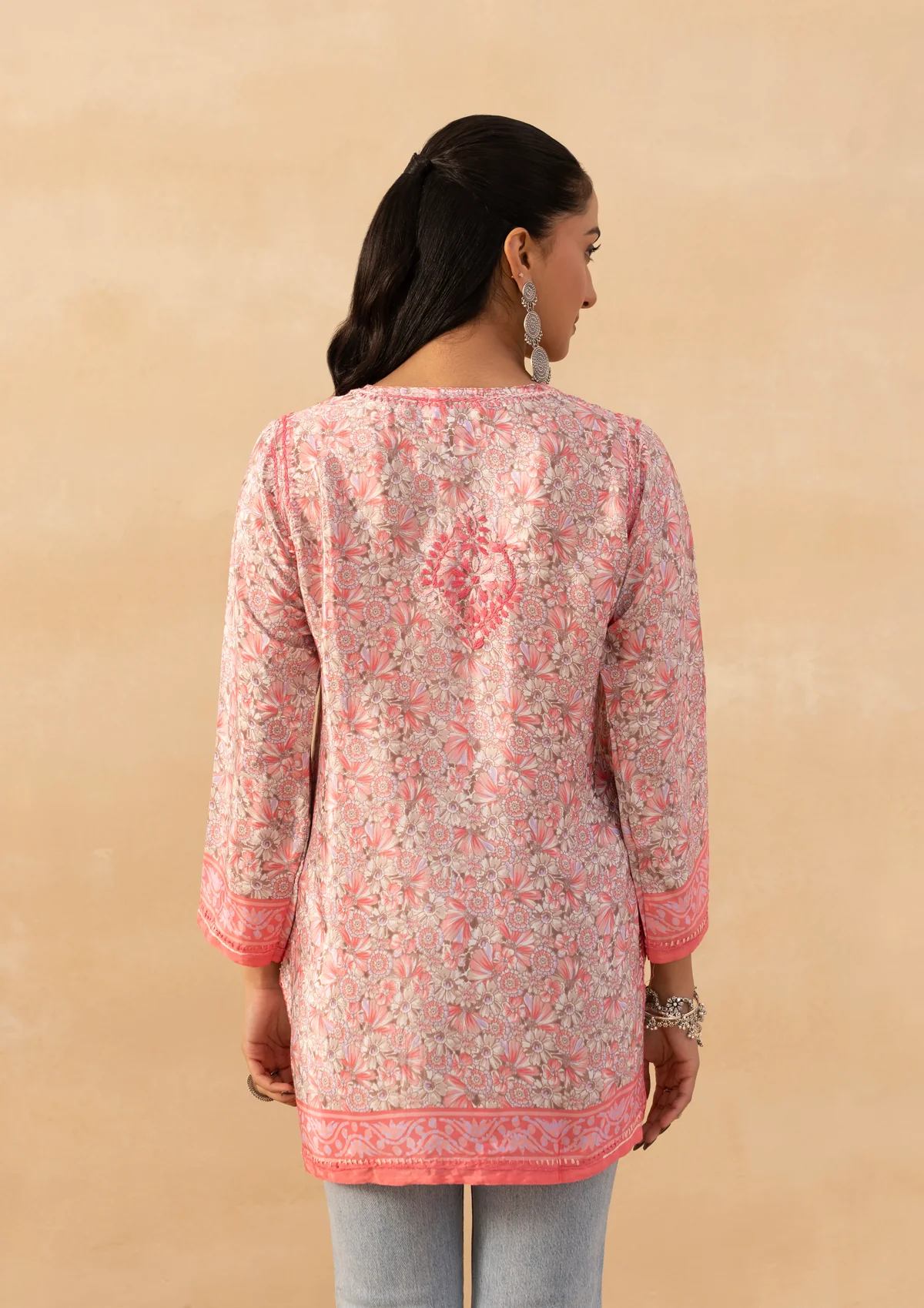 HOC Crepe Chikankari Printed Women's Short Kurta - Pink - Image 9