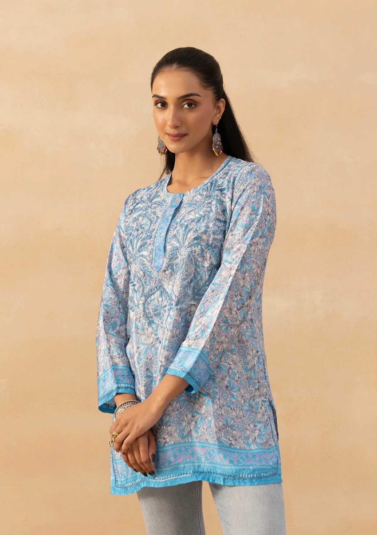 HOC Crepe Chikankari Printed Women's Short Kurta - Sky Blue - Image 4