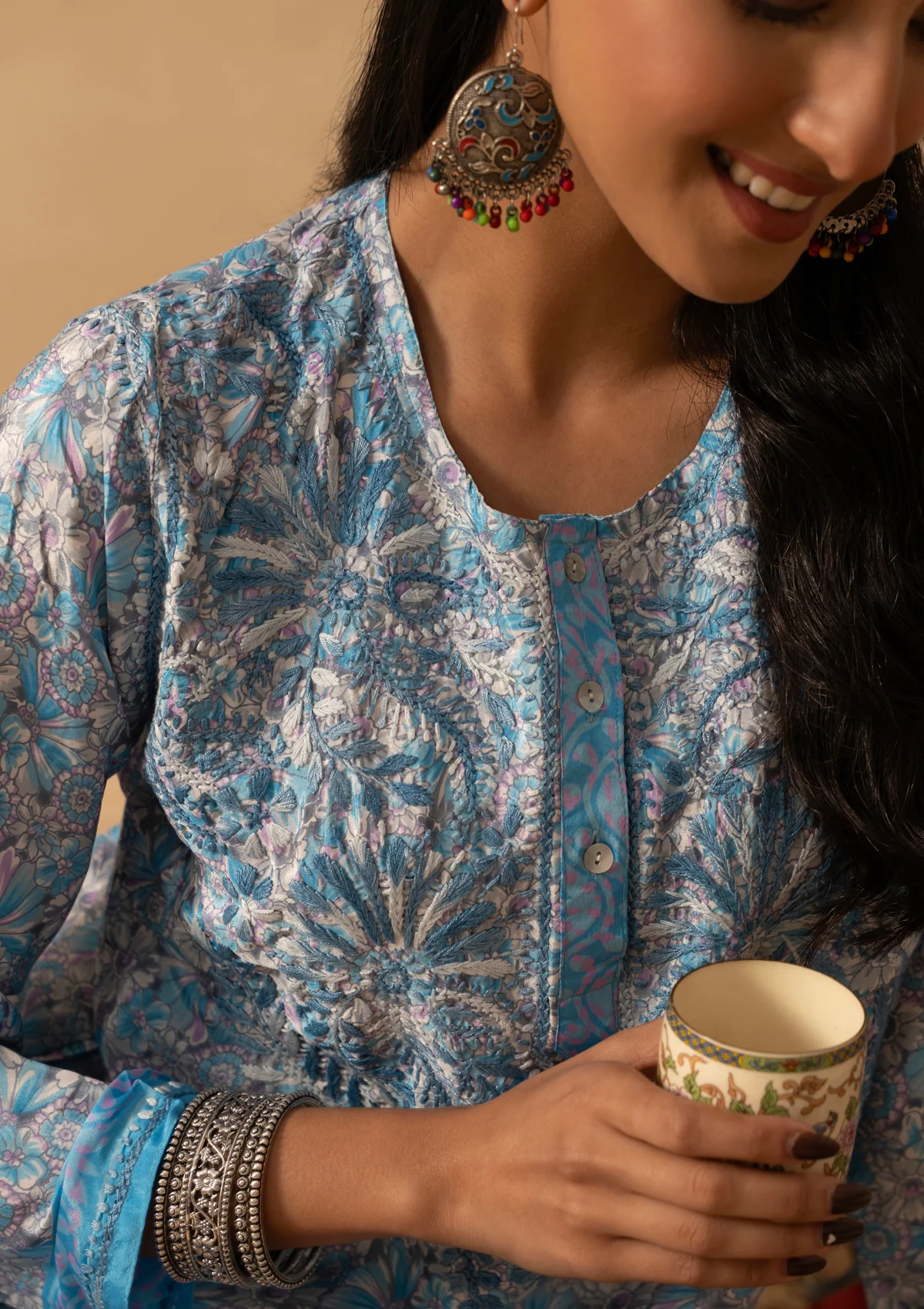 HOC Crepe Chikankari Printed Women's Short Kurta - Sky Blue - Image 5