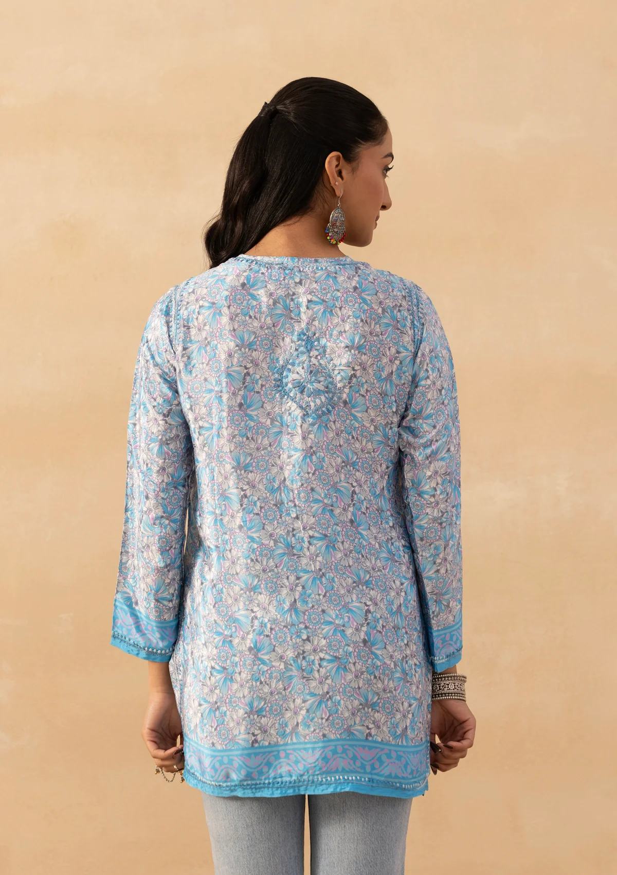 HOC Crepe Chikankari Printed Women's Short Kurta - Sky Blue - Image 6