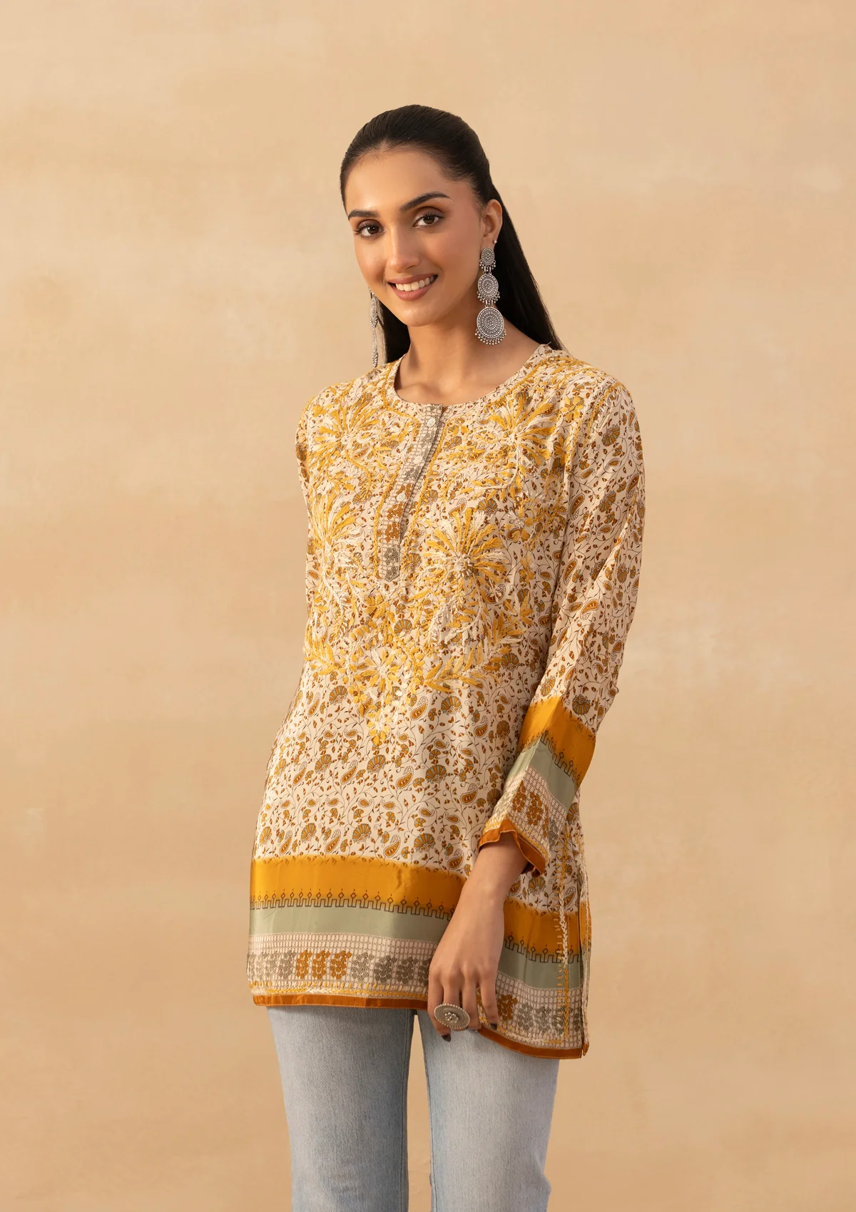 HOC Crepe Chikankari Printed Women's Short Kurta - Yellow - Image 3