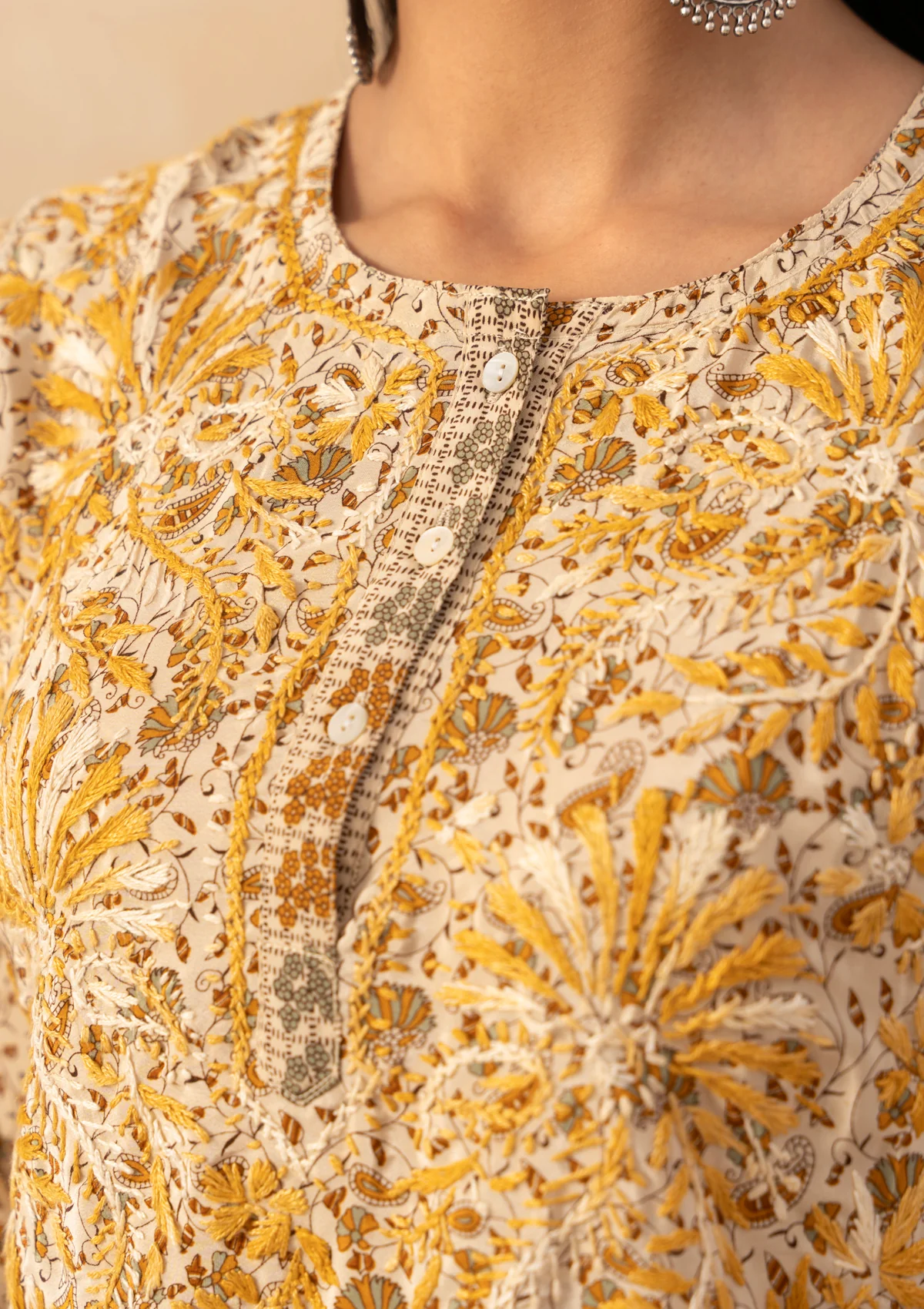 HOC Crepe Chikankari Printed Women's Short Kurta - Yellow - Image 4