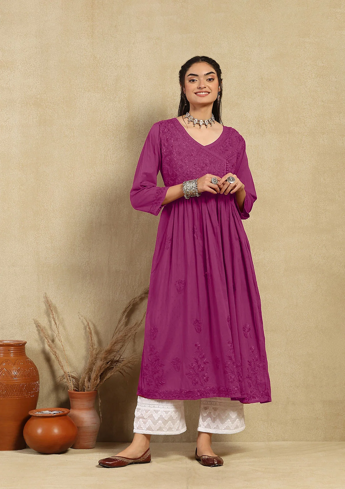 Dobby Cotton Chikankari Solid Women's Angrakha Kurta - Fuchsia