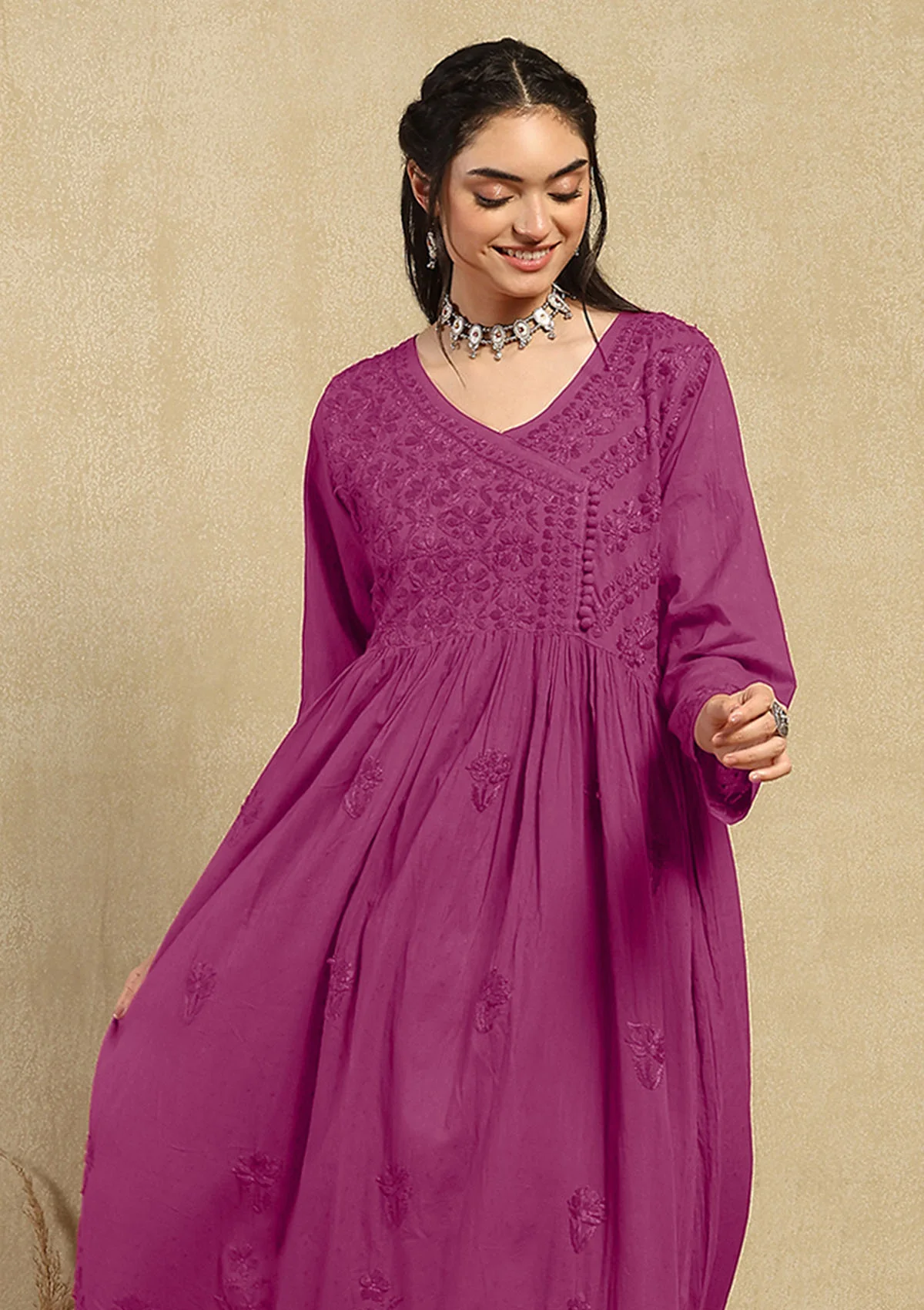 Dobby Cotton Chikankari Solid Women's Angrakha Kurta - Fuchsia - Image 2