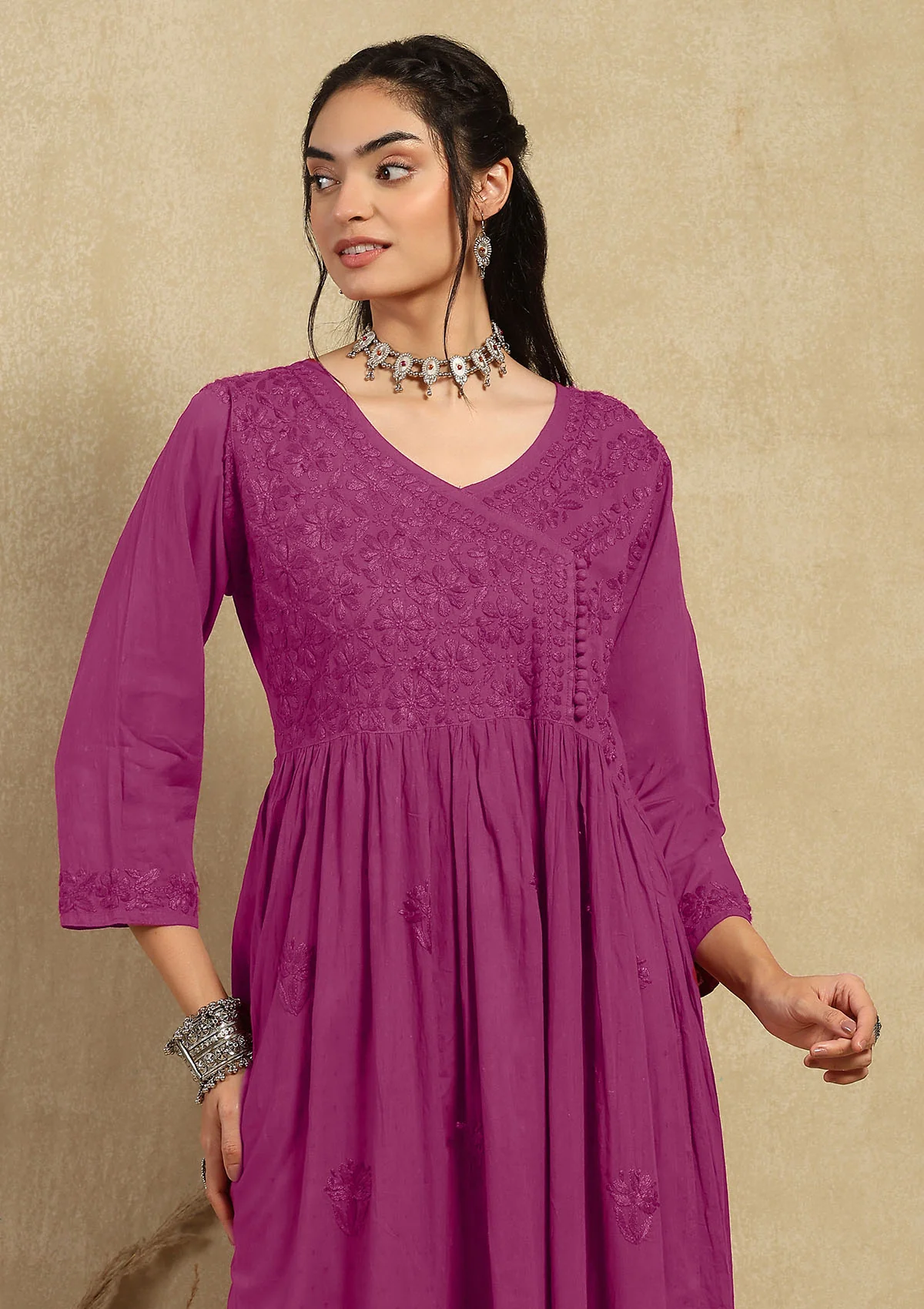 Dobby Cotton Chikankari Solid Women's Angrakha Kurta - Fuchsia - Image 4