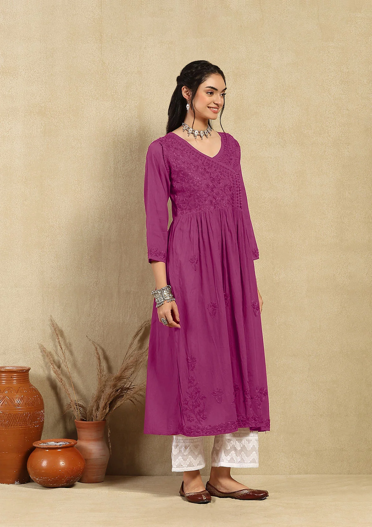 Dobby Cotton Chikankari Solid Women's Angrakha Kurta - Fuchsia - Image 6