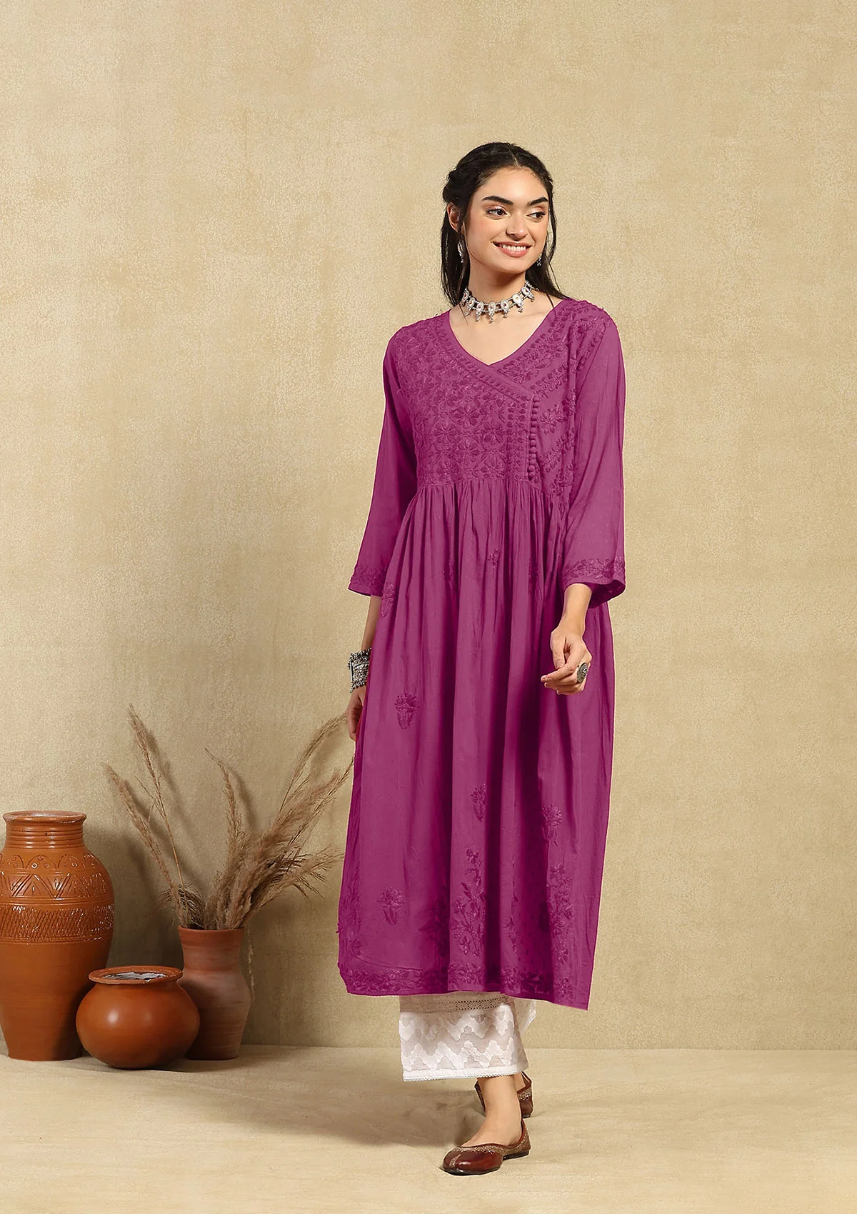 Dobby Cotton Chikankari Solid Women's Angrakha Kurta - Fuchsia - Image 7