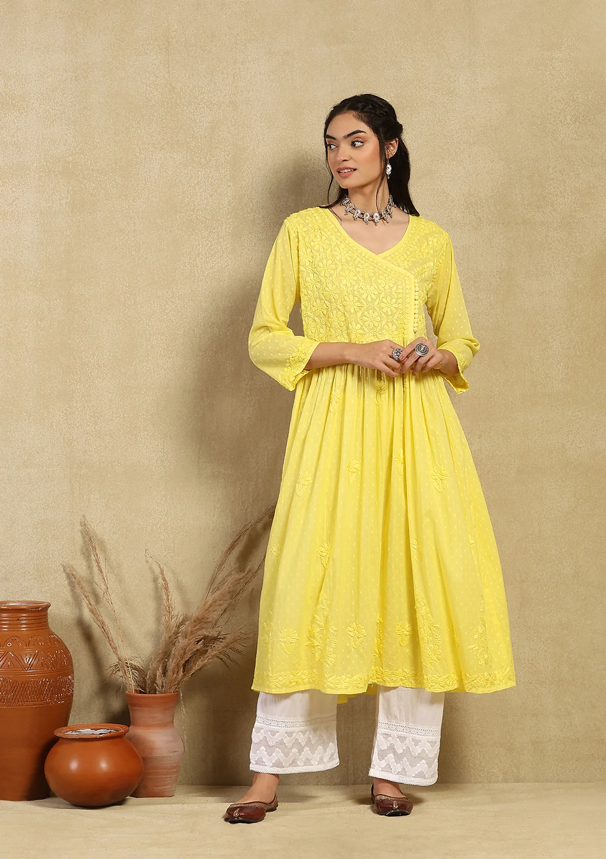 Dobby Cotton Chikankari Solid Women's Angrakha Kurta - Yellow