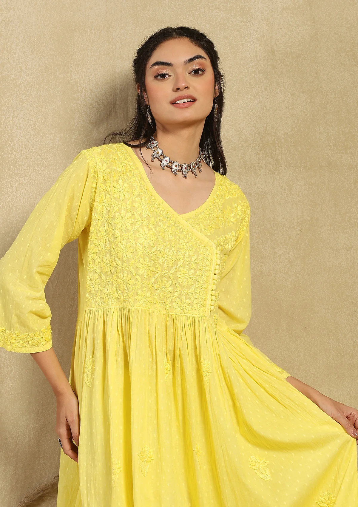 Dobby Cotton Chikankari Solid Women's Angrakha Kurta - Yellow - Image 2
