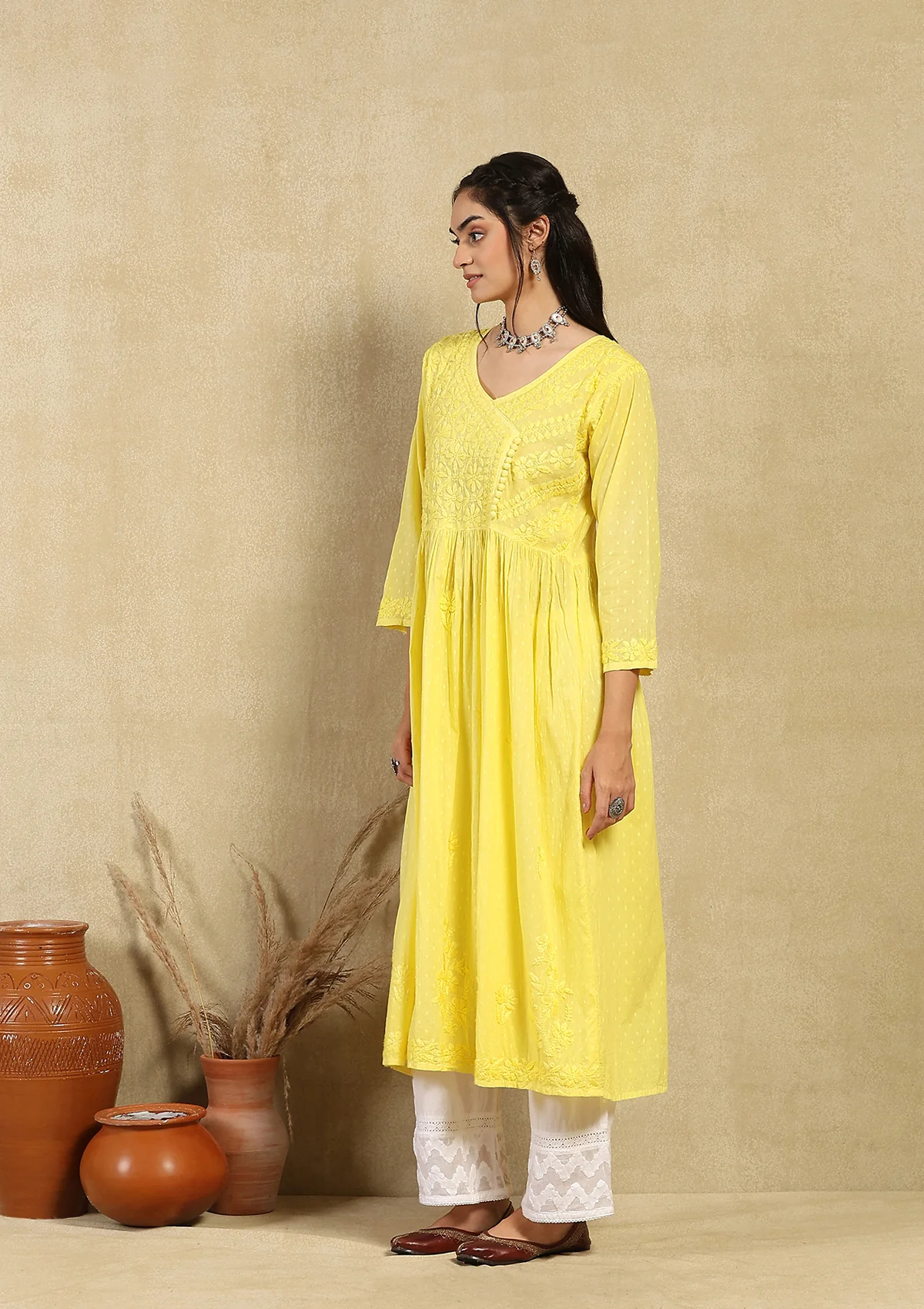 Dobby Cotton Chikankari Solid Women's Angrakha Kurta - Yellow - Image 5