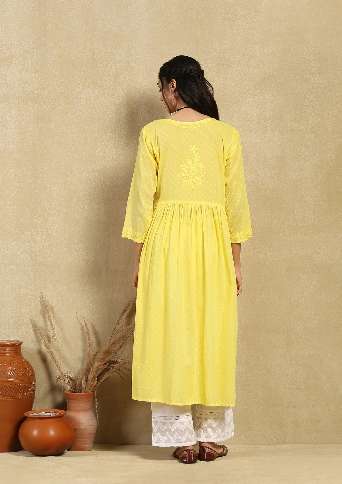 Dobby Cotton Chikankari Solid Women's Angrakha Kurta - Yellow - Image 6