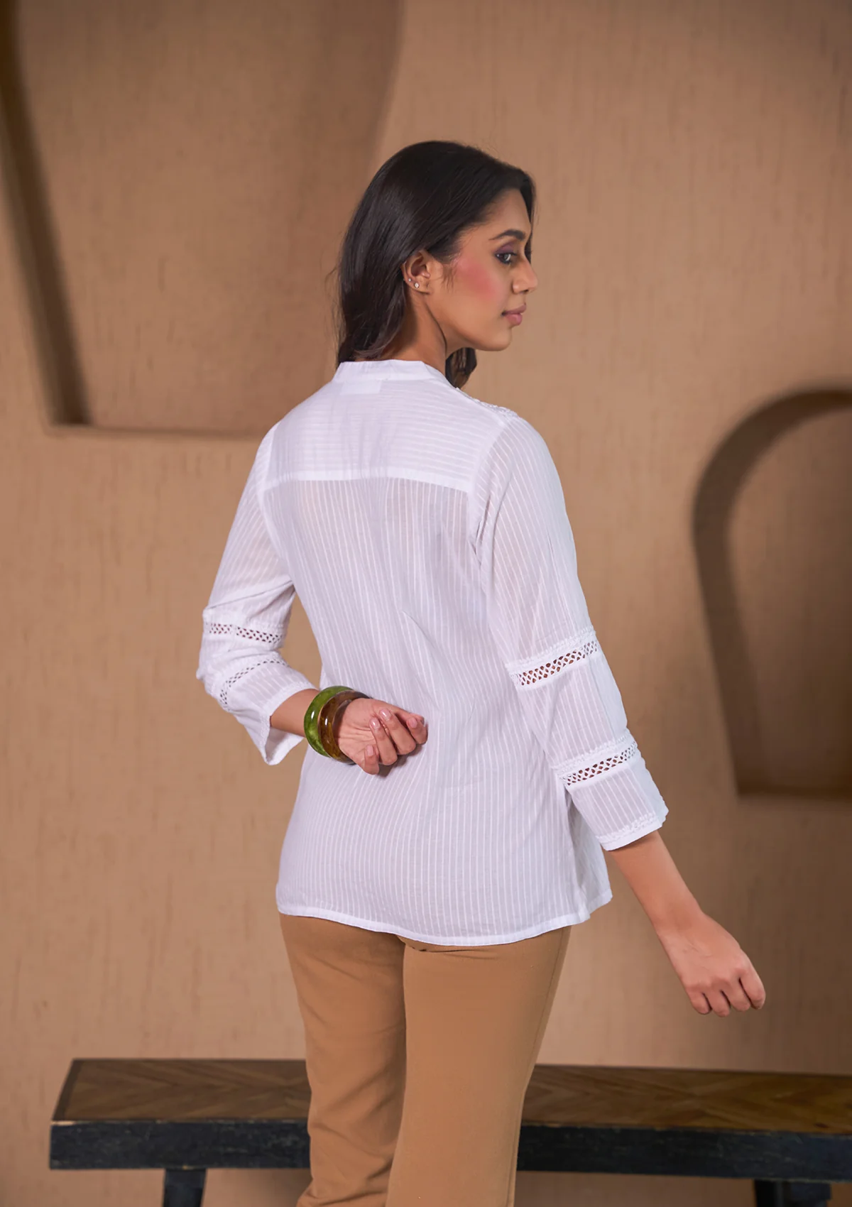 HOC Dobby Cotton Chikankari Solid Women's Shirt With Crochet Lace Work-White - Image 5