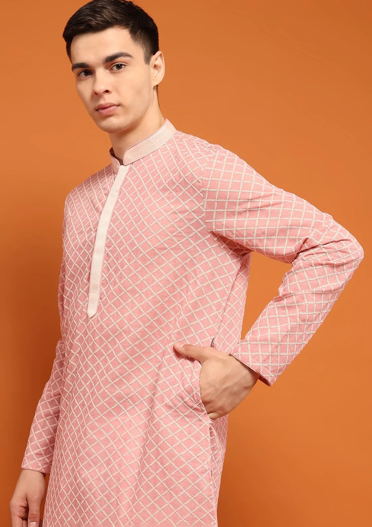 HOC Dobby Textured Solid Men's Long Kurta - Peach - Image 2