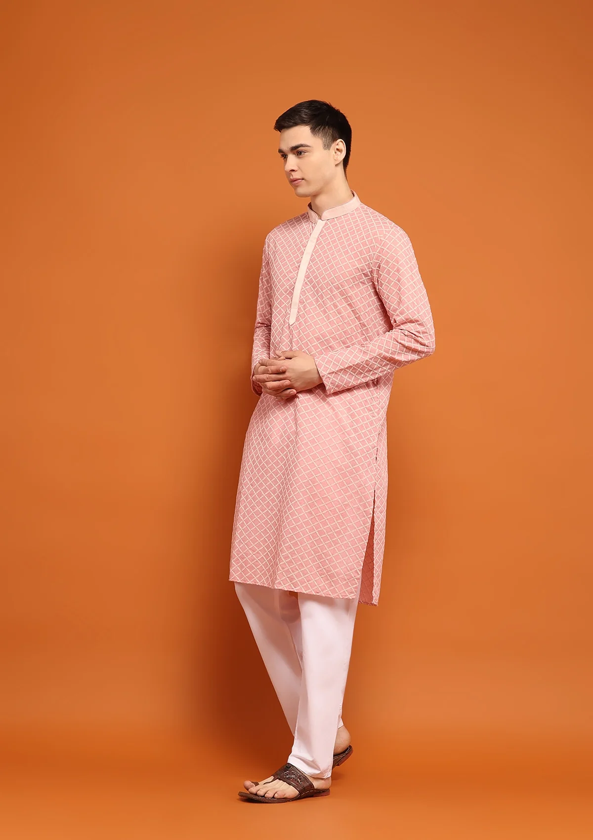 HOC Dobby Textured Solid Men's Long Kurta - Peach - Image 3