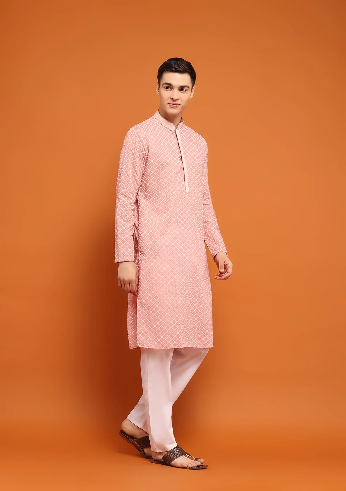 HOC Dobby Textured Solid Men's Long Kurta - Peach - Image 4
