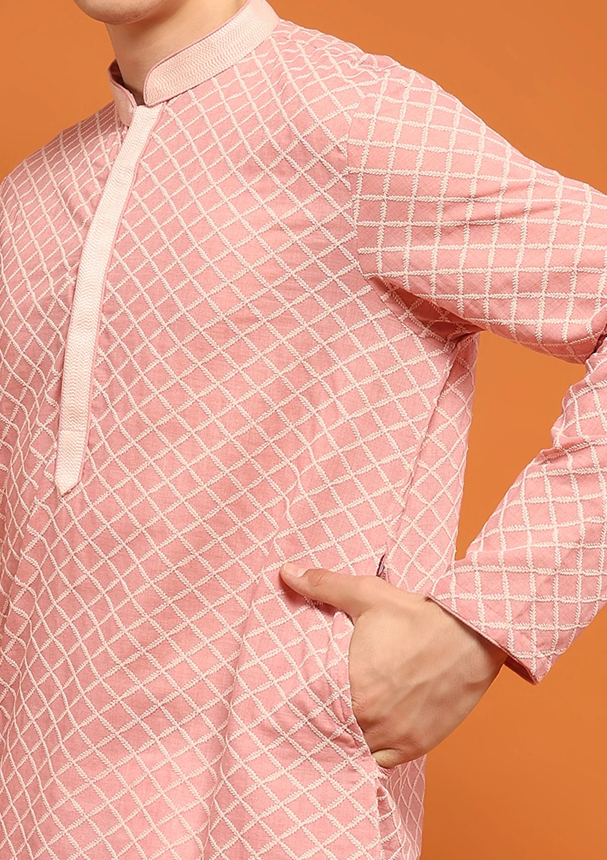 HOC Dobby Textured Solid Men's Long Kurta - Peach - Image 6