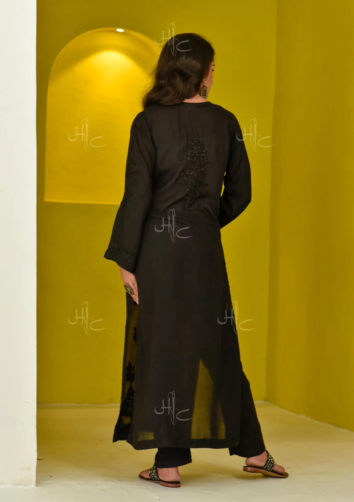 HOC Fenal Chikankari Modal Straight Kurta - Black - Image 5