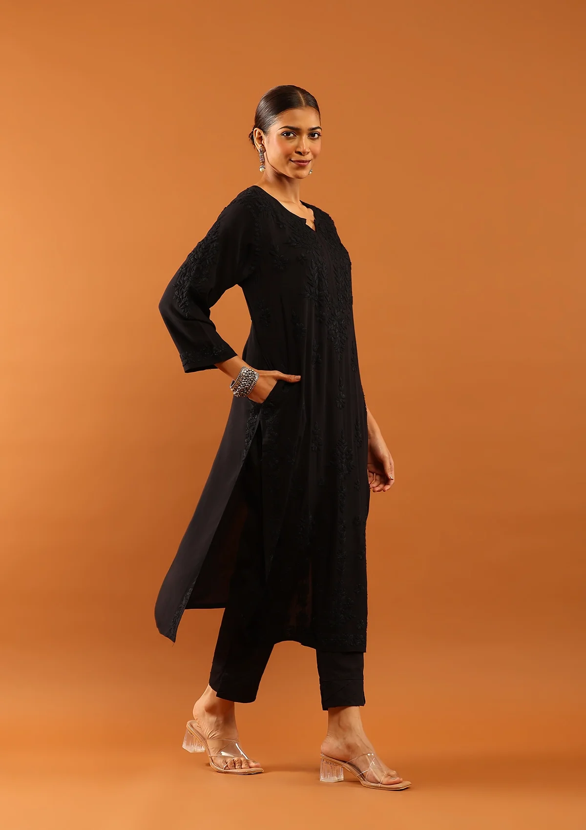 HOC Fenal Modal Chikankari Solid Women's Long Kurta with Pockets - Black - Image 3