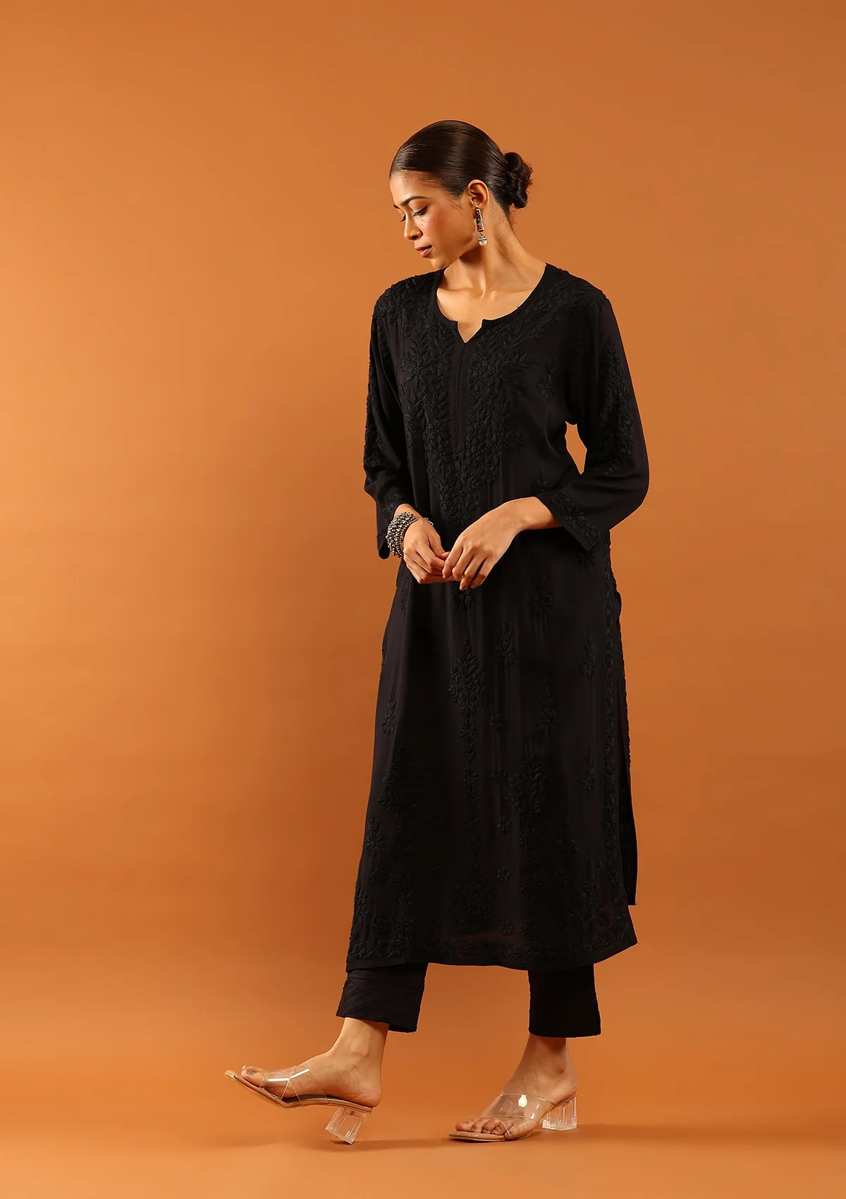 HOC Fenal Modal Chikankari Solid Women's Long Kurta with Pockets - Black - Image 4