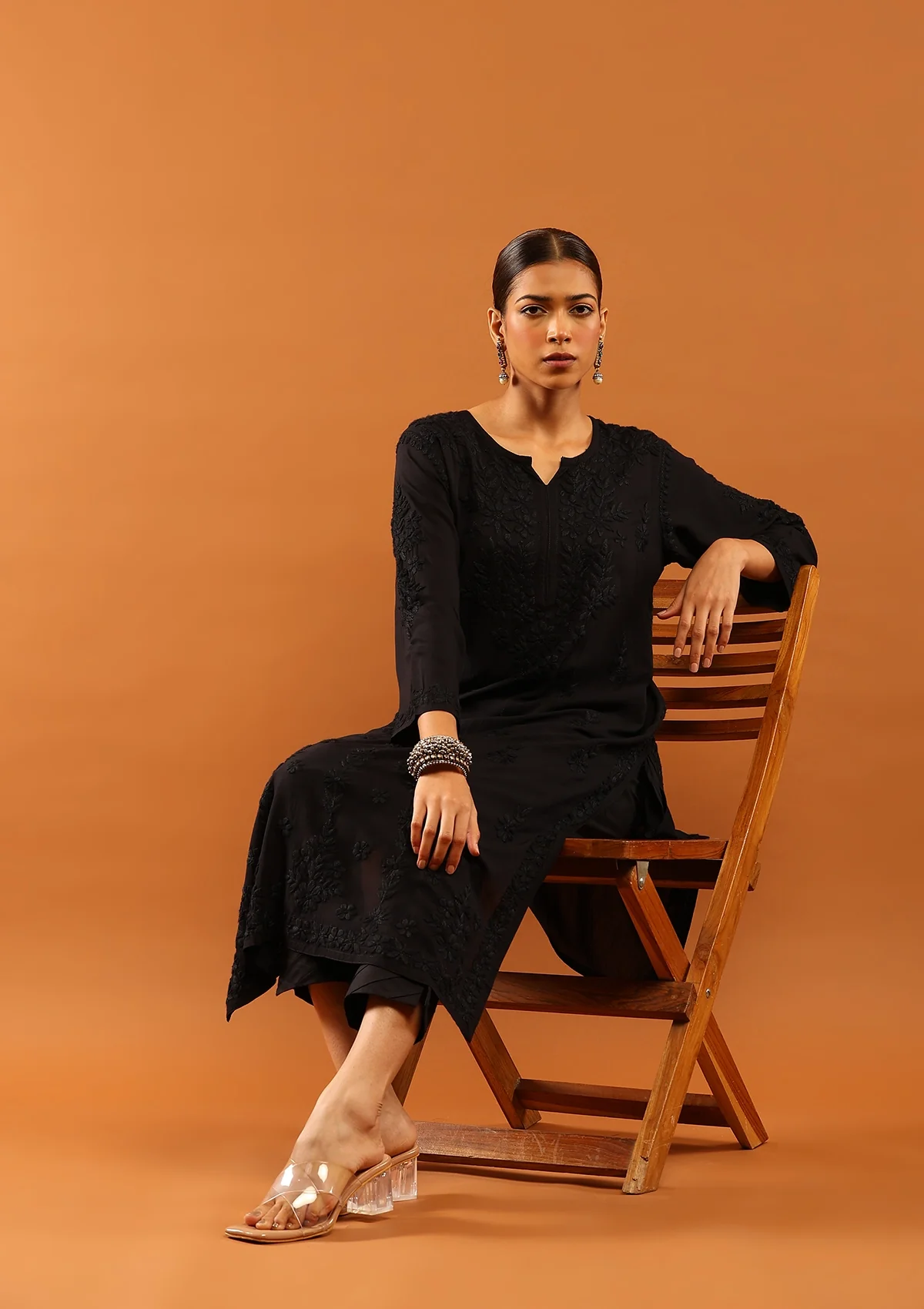HOC Fenal Modal Chikankari Solid Women's Long Kurta with Pockets - Black - Image 5