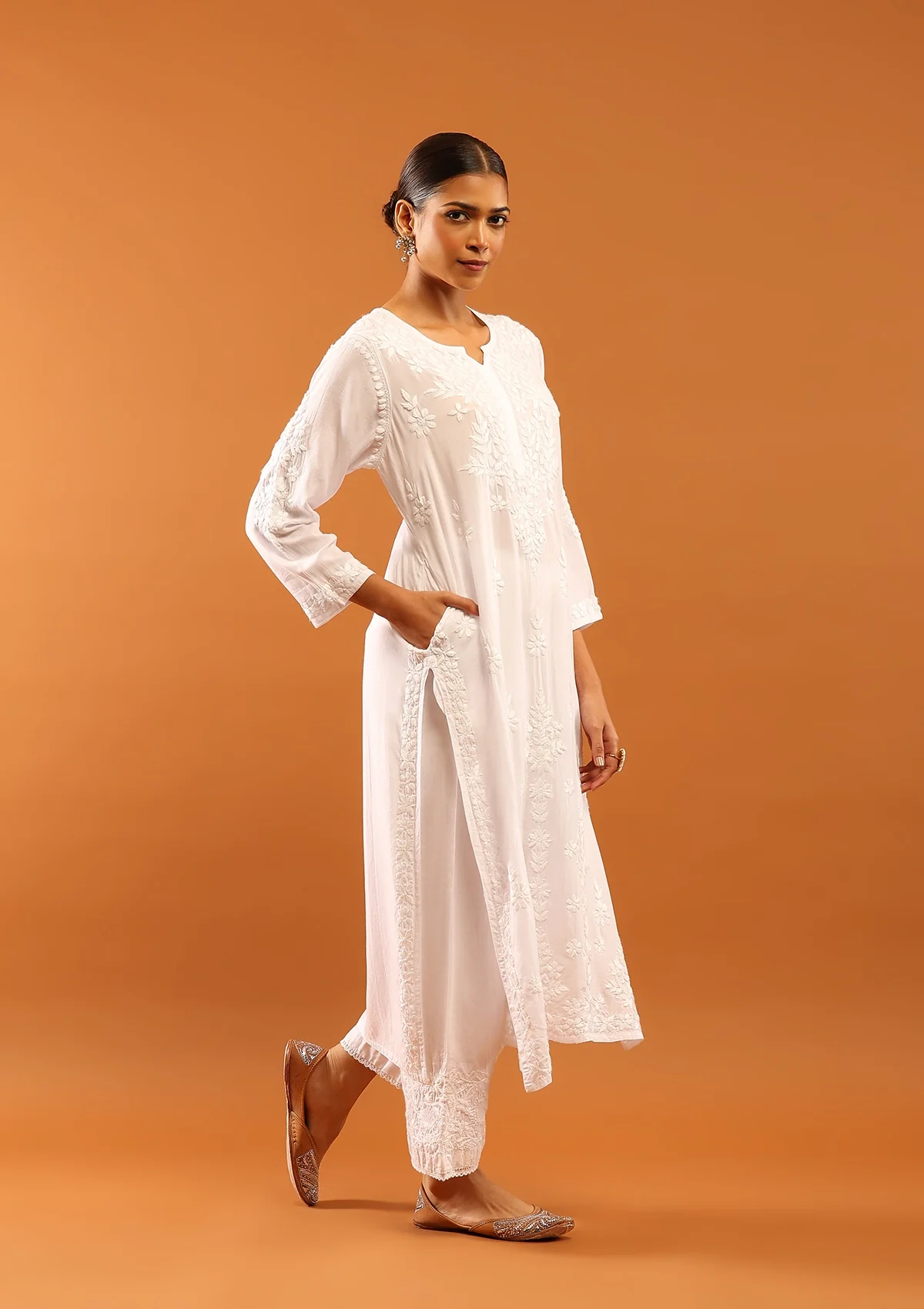HOC Fenal Modal Chikankari Solid Women's Straight Kurta with Pockets - White - Image 4
