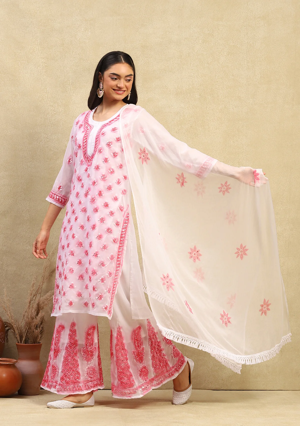 Georgette Chikankari With Sequins Work Solid Women's 4PC Kurta Palazzo Set - White & Pink