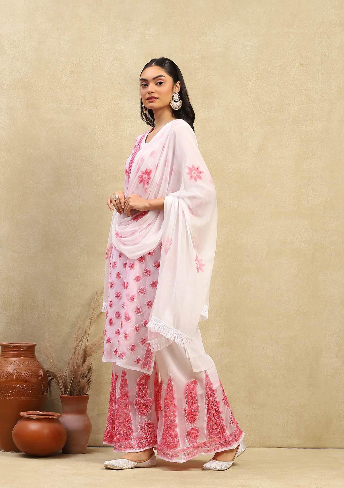 Georgette Chikankari With Sequins Work Solid Women's 4PC Kurta Palazzo Set - White & Pink - Image 4
