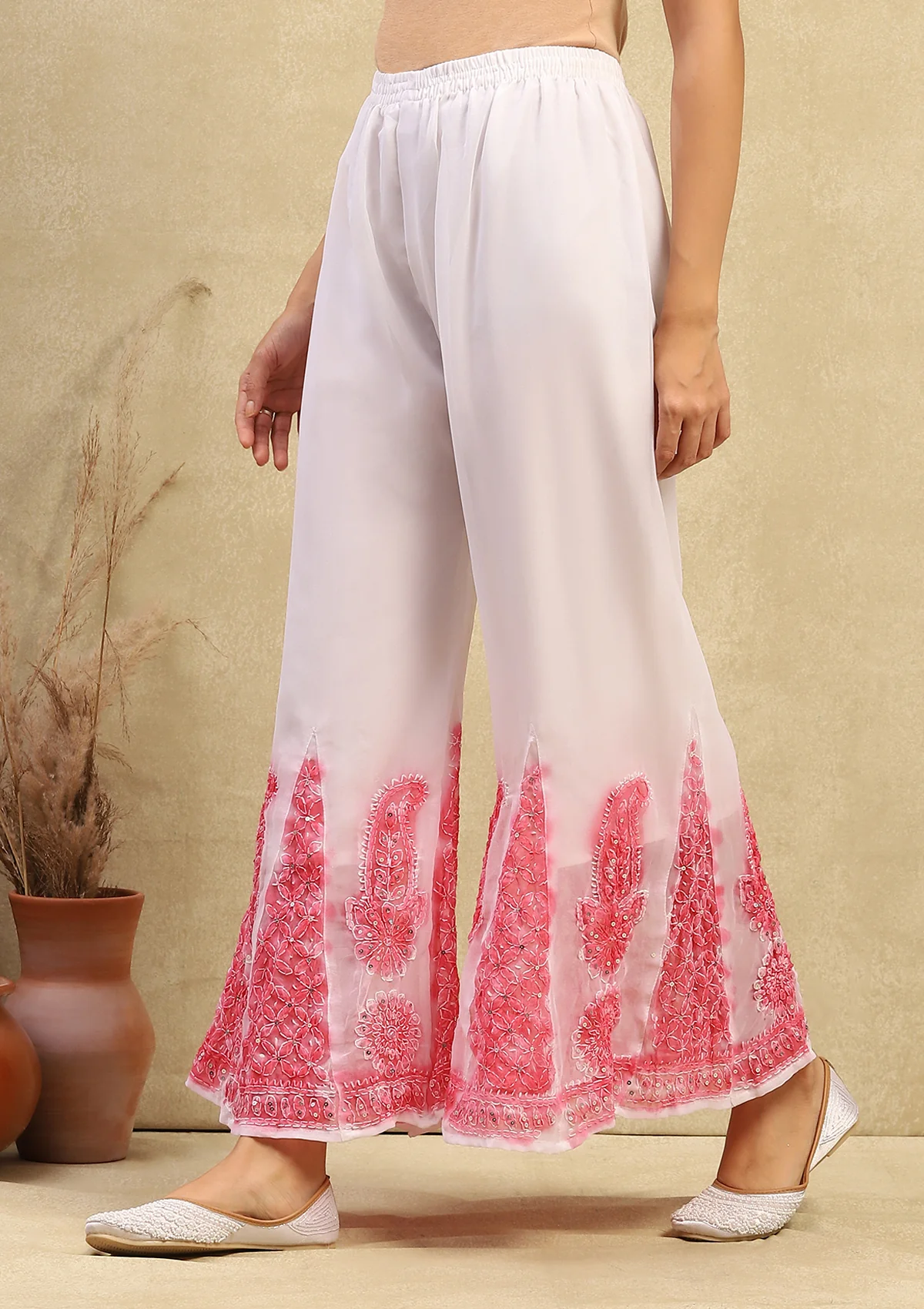 Georgette Chikankari With Sequins Work Solid Women's 4PC Kurta Palazzo Set - White & Pink - Image 6