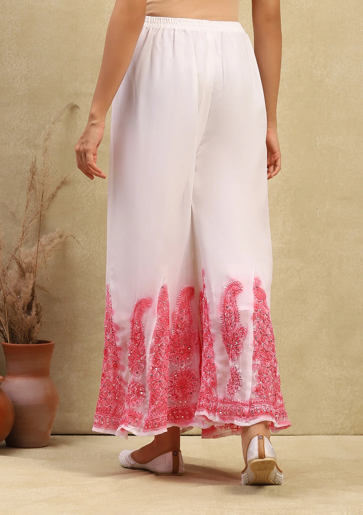 Georgette Chikankari With Sequins Work Solid Women's 4PC Kurta Palazzo Set - White & Pink - Image 7