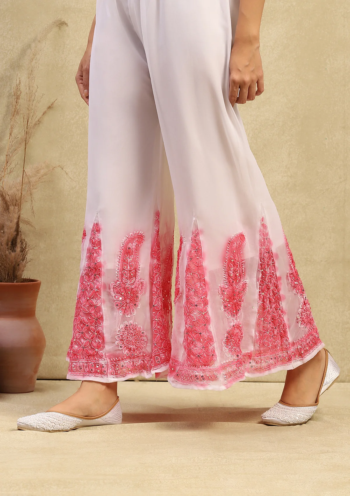Georgette Chikankari With Sequins Work Solid Women's 4PC Kurta Palazzo Set - White & Pink - Image 8
