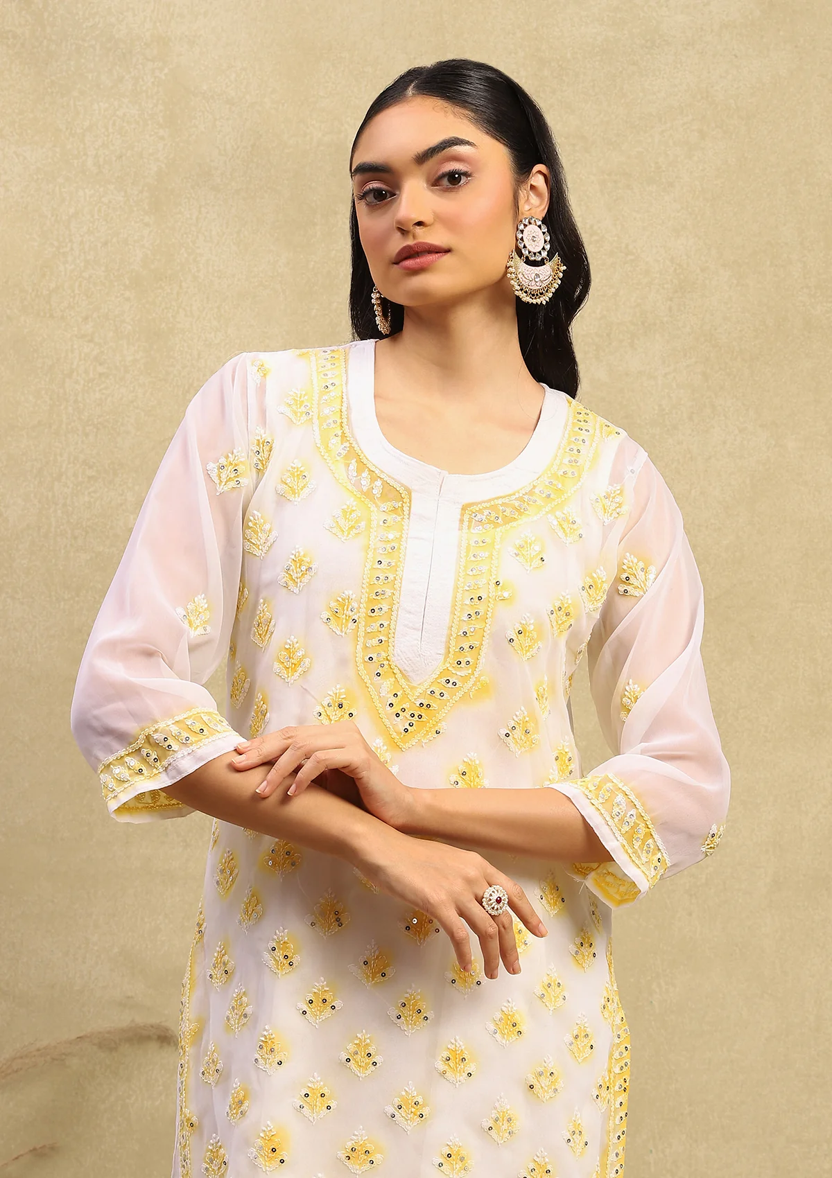 Georgette Chikankari With Sequins Work Solid Women's 4PC Kurta Palazzo Set- White & Yellow - Image 2