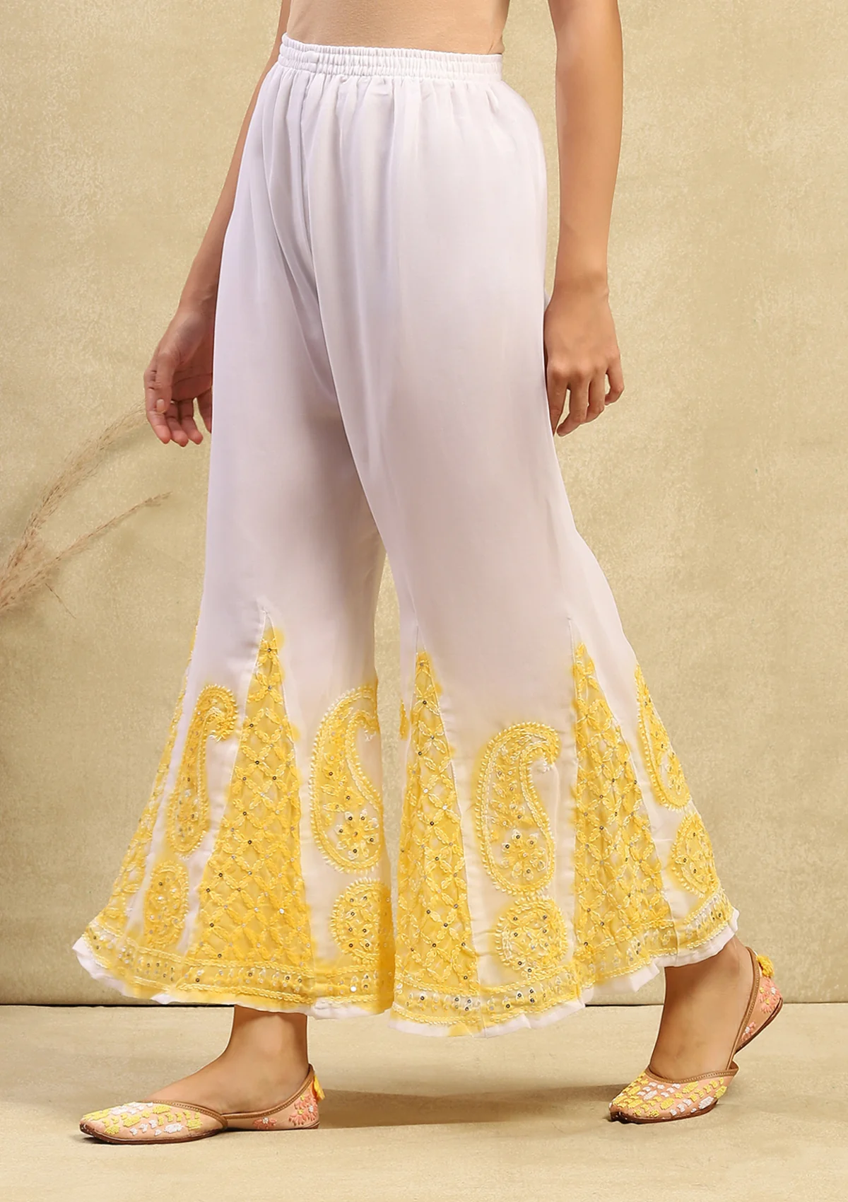 Georgette Chikankari With Sequins Work Solid Women's 4PC Kurta Palazzo Set- White & Yellow - Image 6