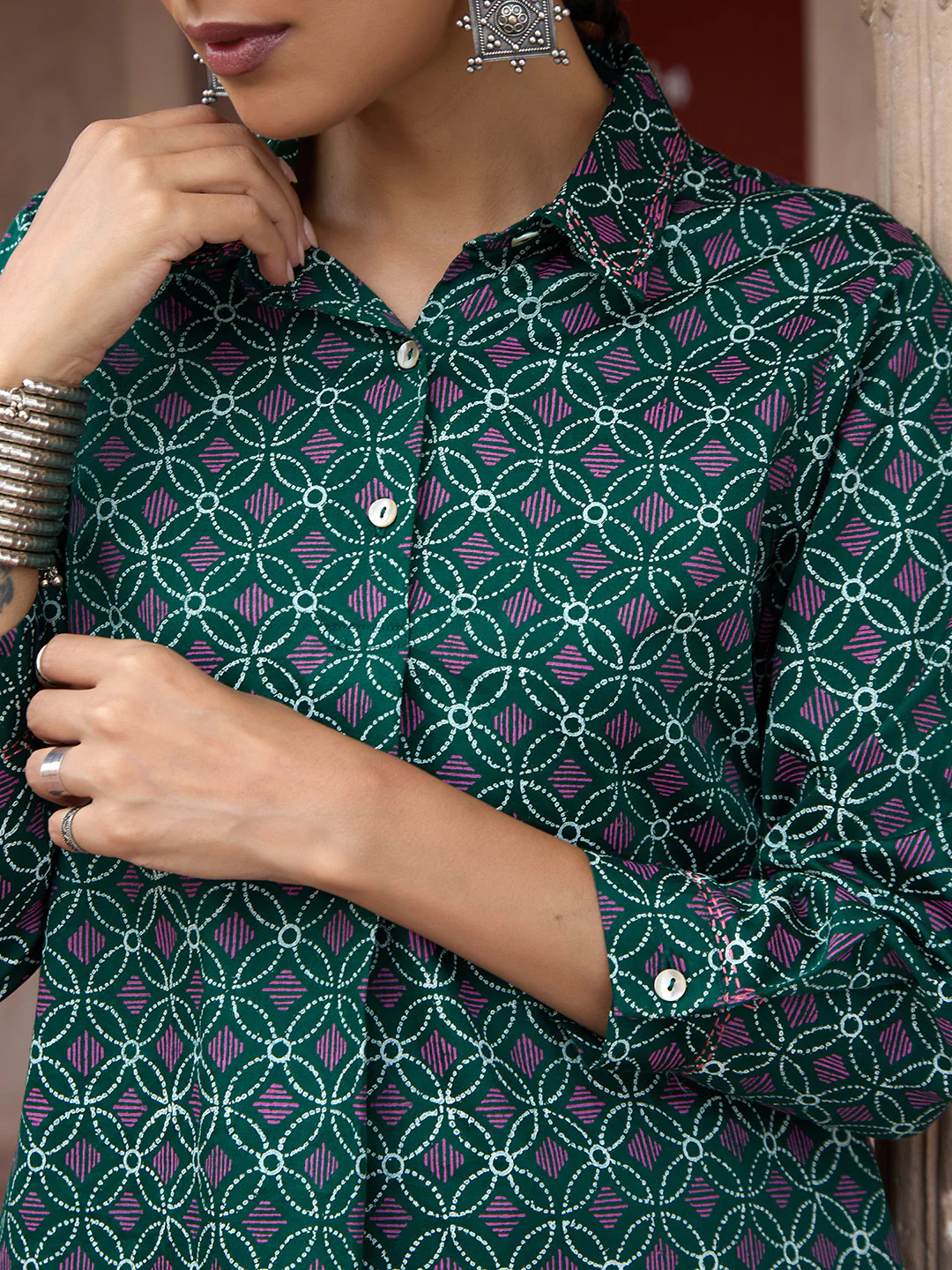 HOC Glazed Cotton Hand Block Printed with Hand Embroidery Women's 2 PC Co-ord Set - Dark Green - Image 6