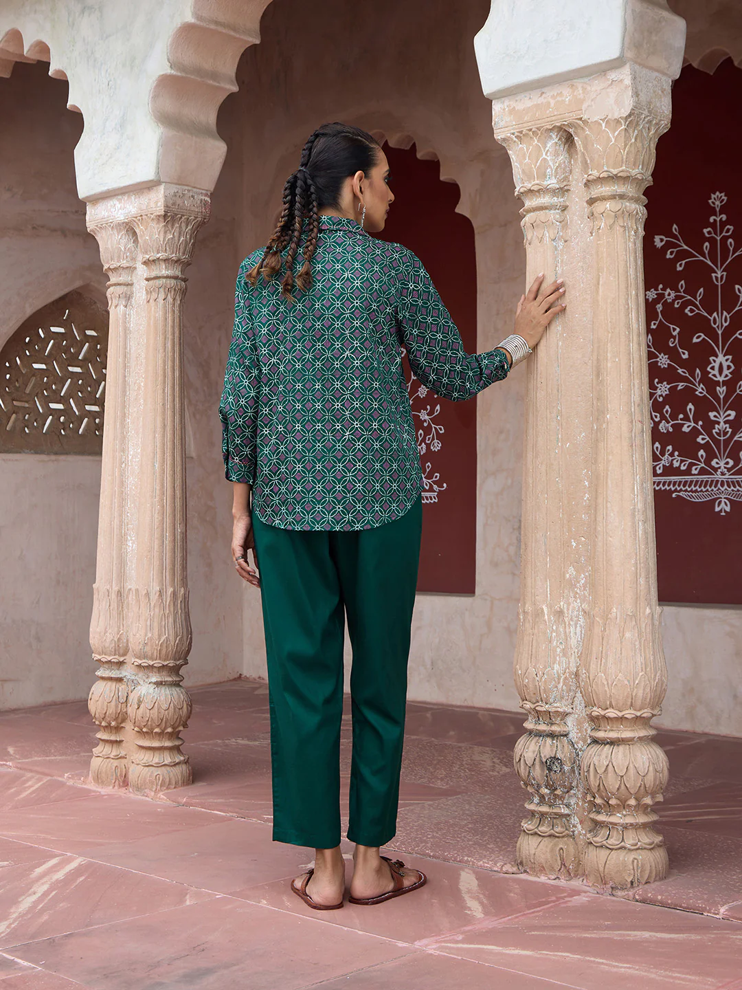 HOC Glazed Cotton Hand Block Printed with Hand Embroidery Women's 2 PC Co-ord Set - Dark Green - Image 7