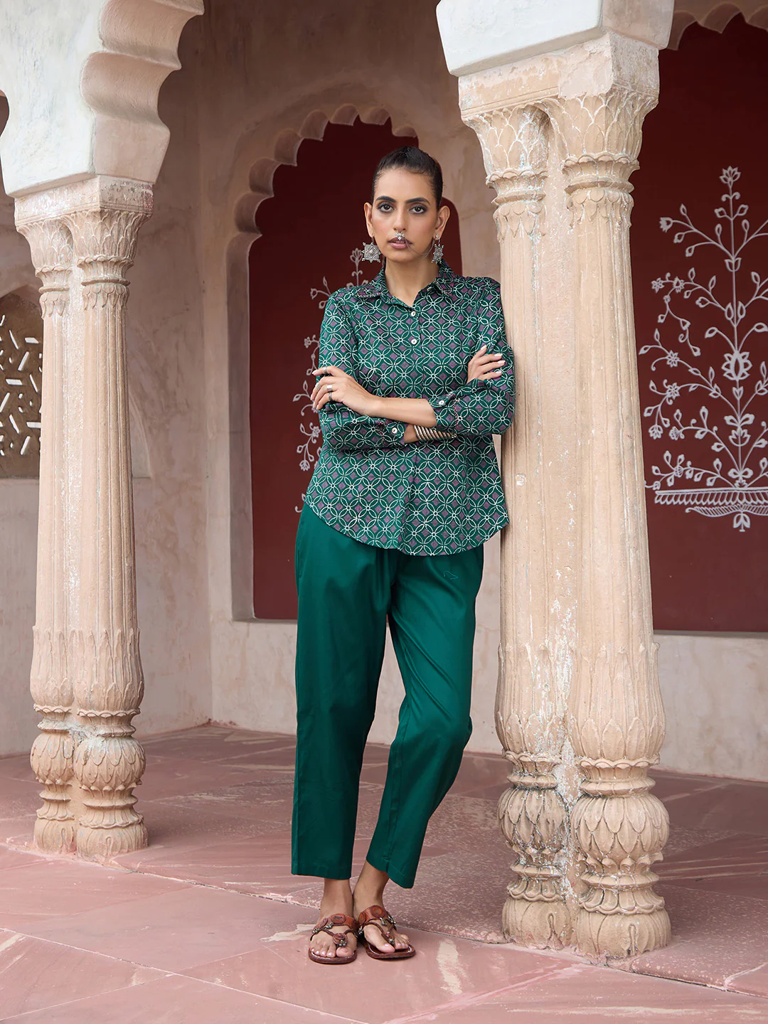 HOC Glazed Cotton Hand Block Printed with Hand Embroidery Women's 2 PC Co-ord Set - Dark Green - Image 9
