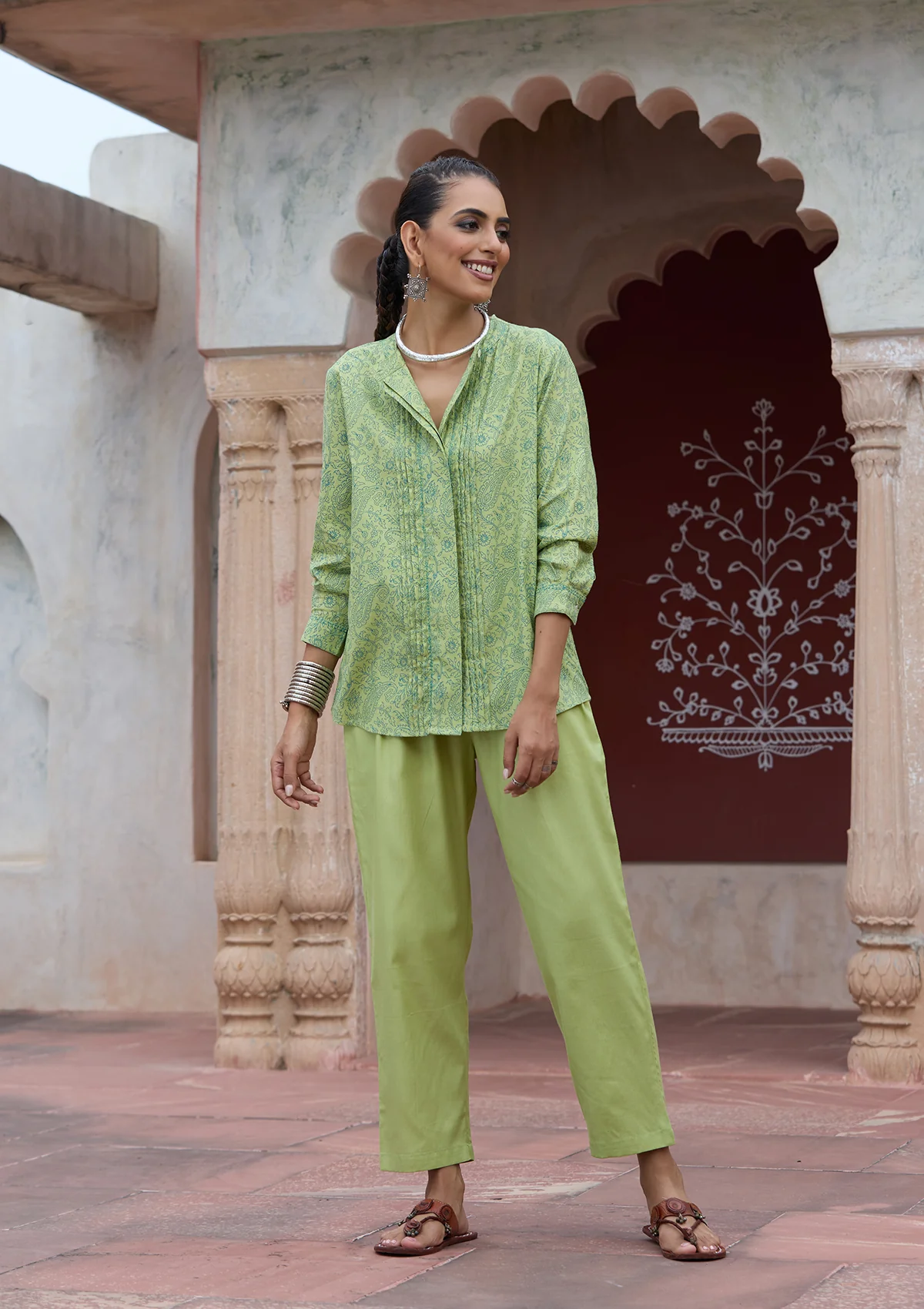 HOC Glazed Cotton Hand Block Printed with Hand Embroidery Women's 2 PC Co-ord Set - Green - Image 2