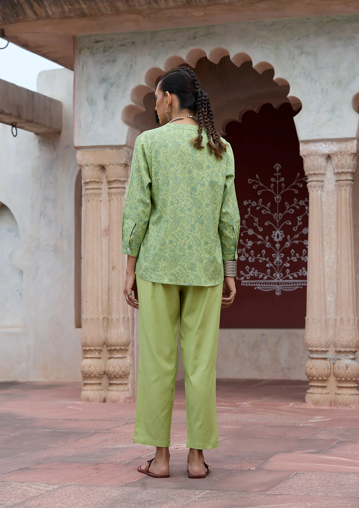 HOC Glazed Cotton Hand Block Printed with Hand Embroidery Women's 2 PC Co-ord Set - Green - Image 8