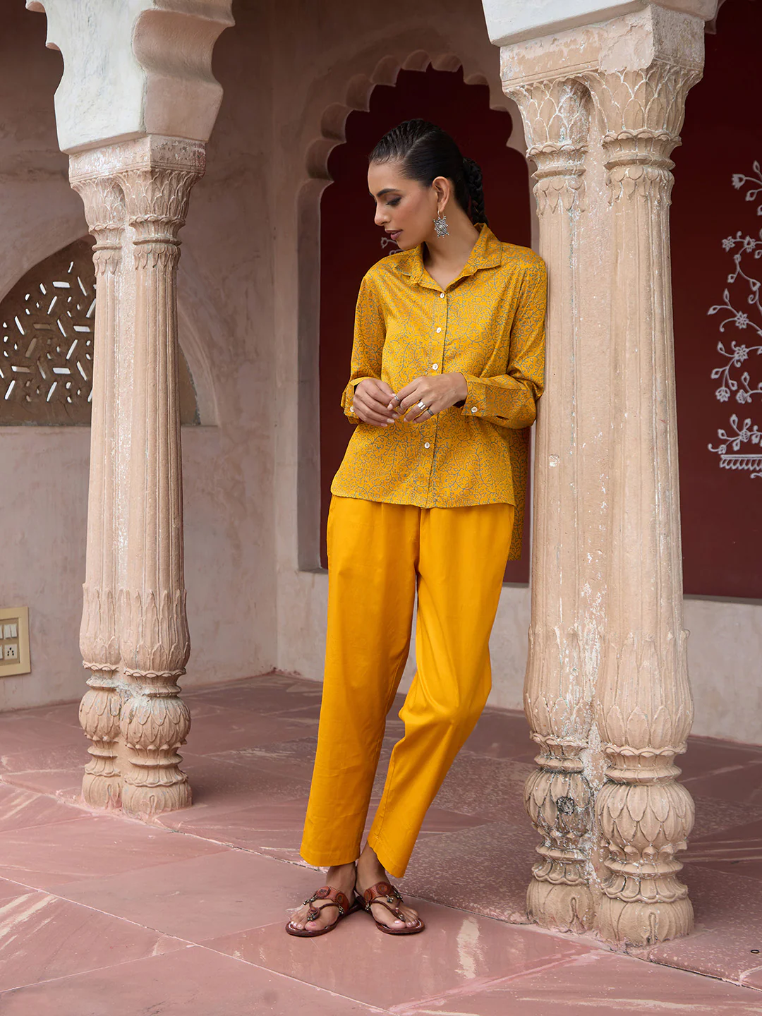 HOC Glazed Cotton Hand Block Printed with Hand Embroidery Women's 2 PC Co-ord Set - Mustard - Image 3