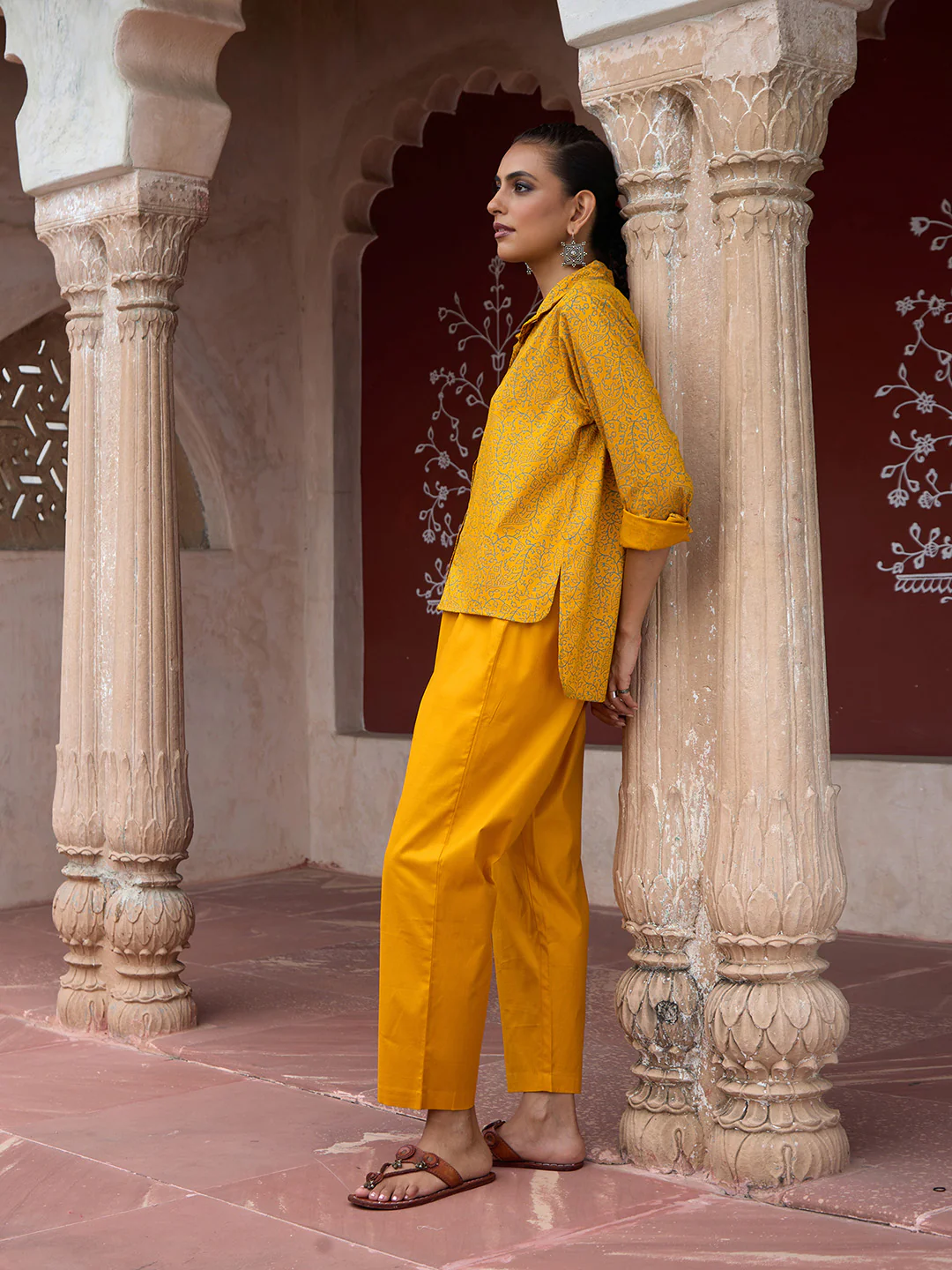 HOC Glazed Cotton Hand Block Printed with Hand Embroidery Women's 2 PC Co-ord Set - Mustard - Image 4