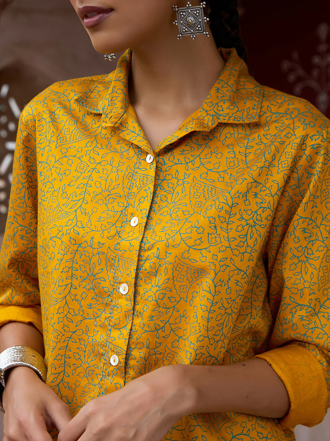 HOC Glazed Cotton Hand Block Printed with Hand Embroidery Women's 2 PC Co-ord Set - Mustard - Image 5