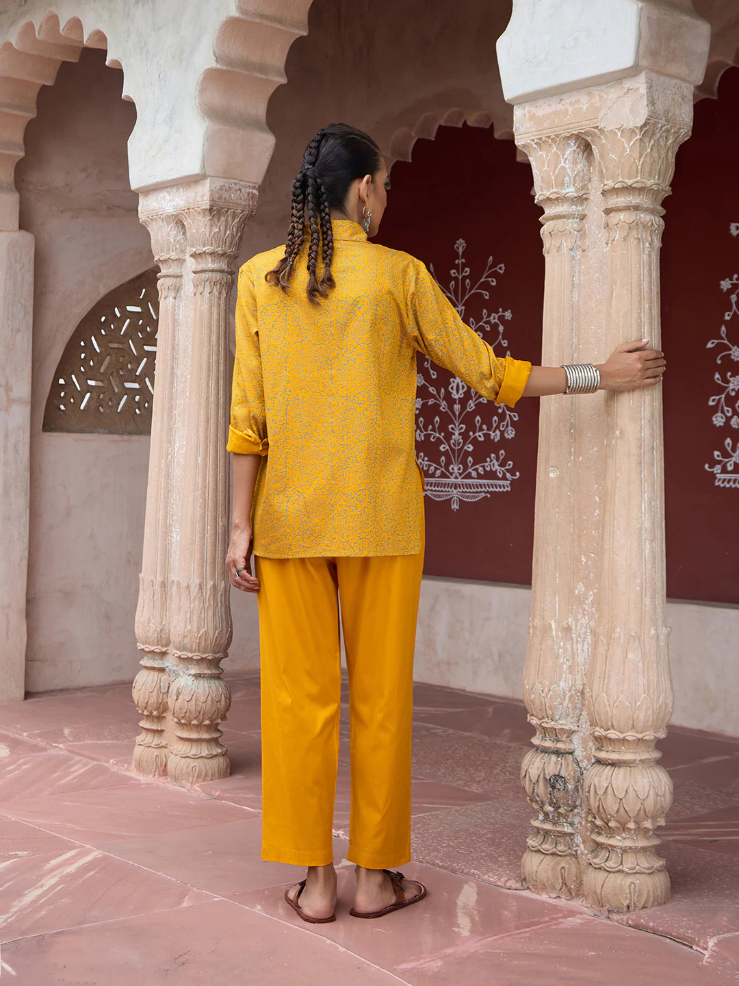 HOC Glazed Cotton Hand Block Printed with Hand Embroidery Women's 2 PC Co-ord Set - Mustard - Image 8