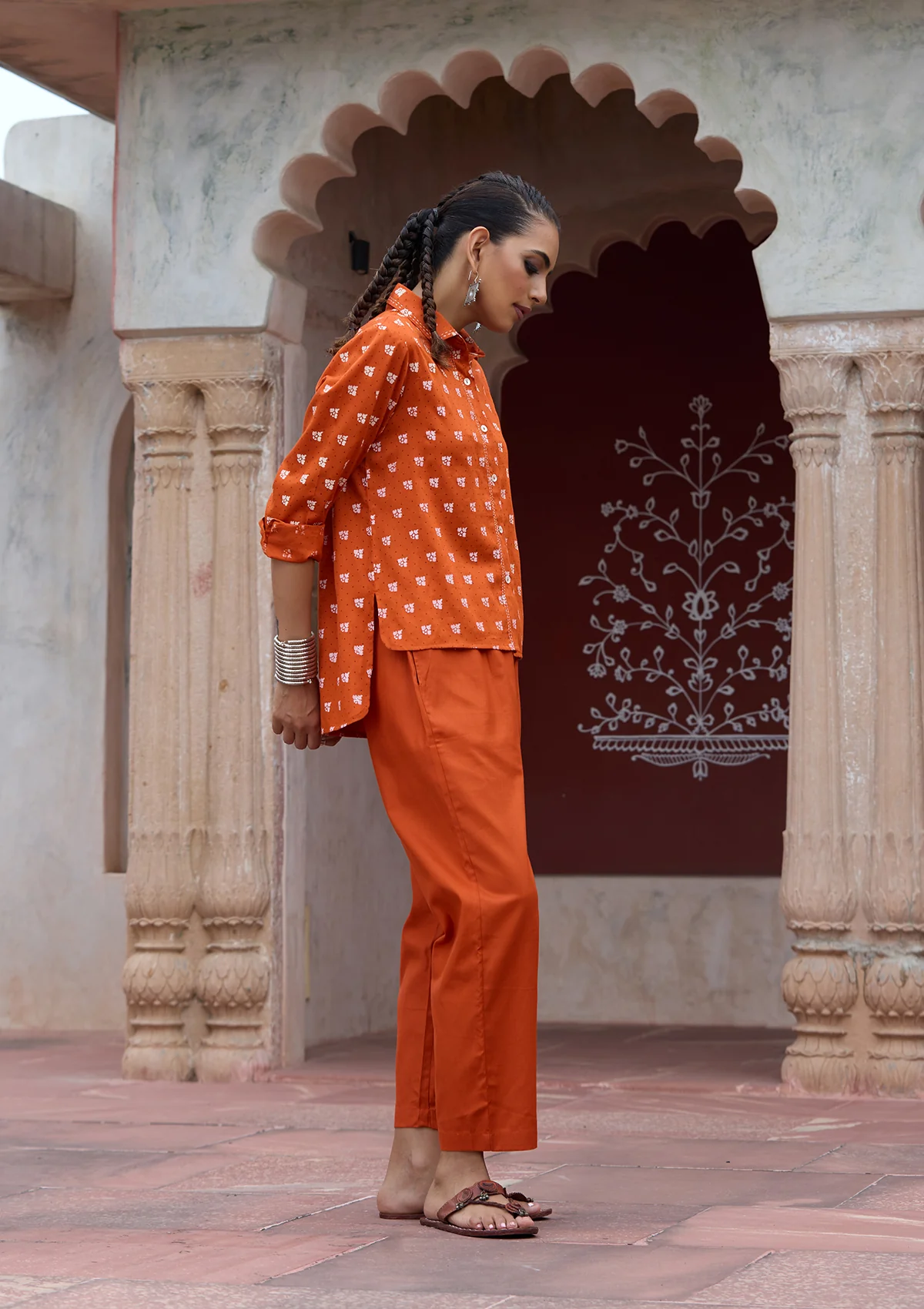 HOC Glazed Cotton Hand Block Printed with Hand Embroidery Women's 2 PC Co-ord Set - Orange - Image 3