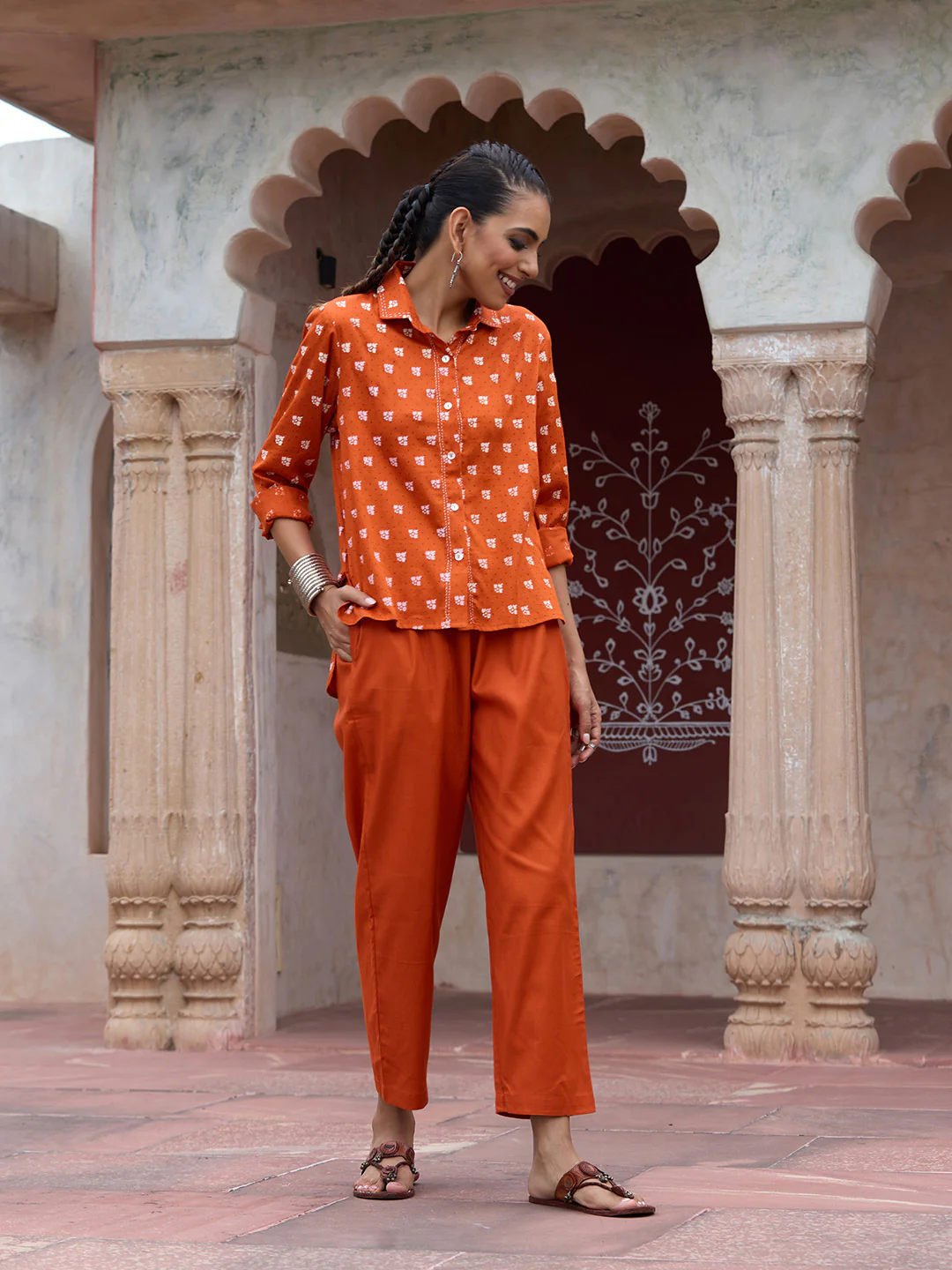 HOC Glazed Cotton Hand Block Printed with Hand Embroidery Women's 2 PC Co-ord Set - Orange - Image 4