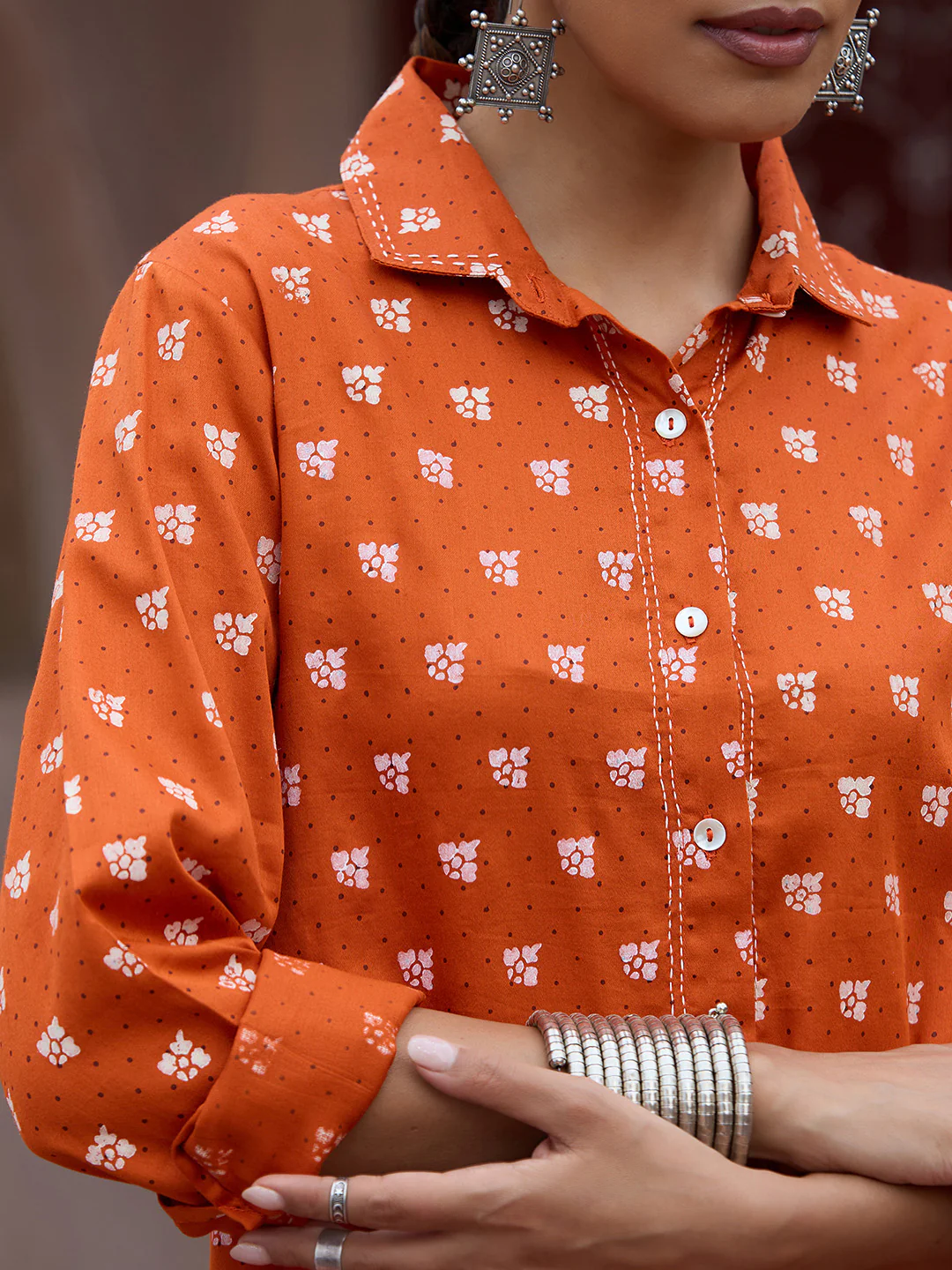 HOC Glazed Cotton Hand Block Printed with Hand Embroidery Women's 2 PC Co-ord Set - Orange - Image 6