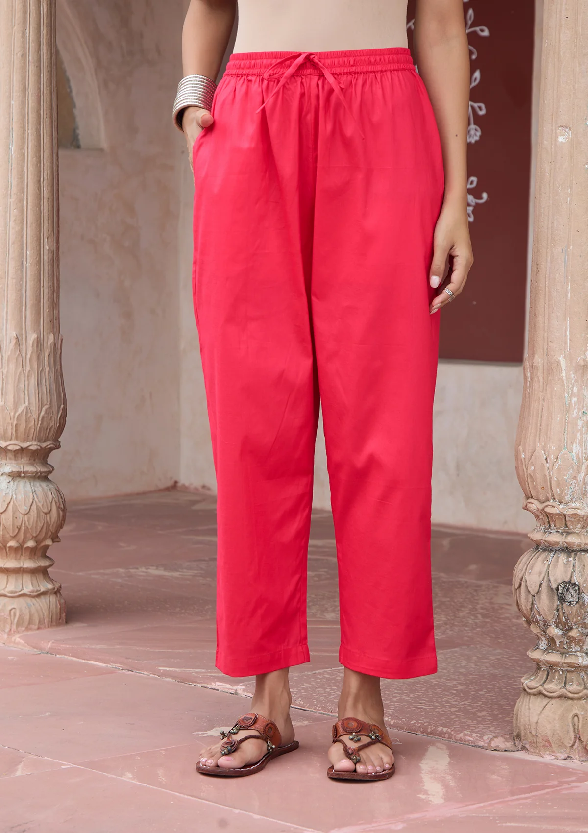 HOC Glazed Cotton Hand Block Printed with Hand Embroidery Women's 2 PC Co-ord Set - Pink - Image 7