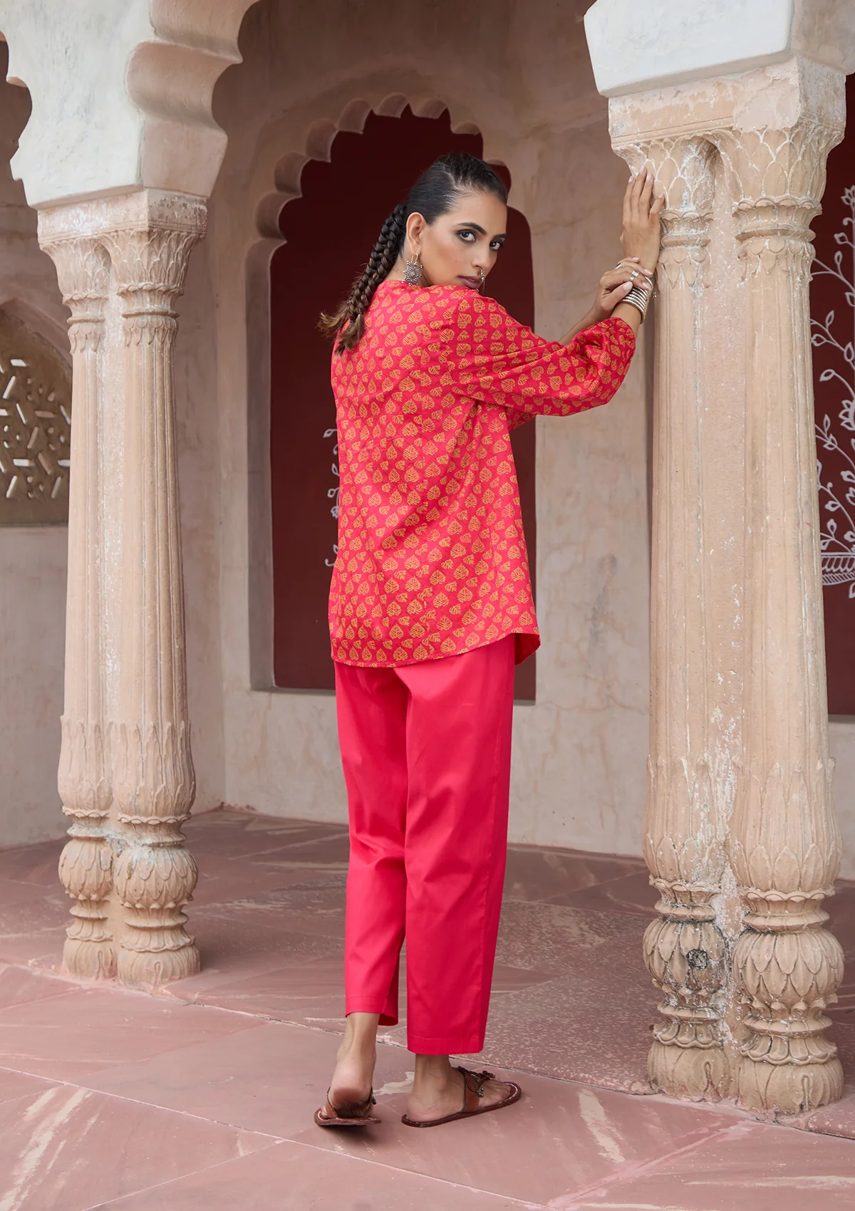 HOC Glazed Cotton Hand Block Printed with Hand Embroidery Women's 2 PC Co-ord Set - Pink - Image 8