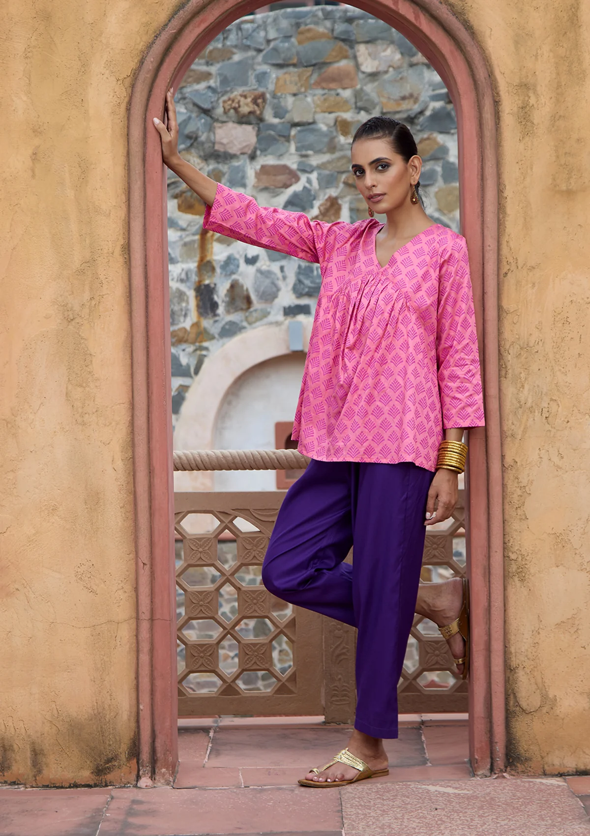 HOC Glazed Cotton Hand Block Printed Women's Short Kurta - Pink - Image 4