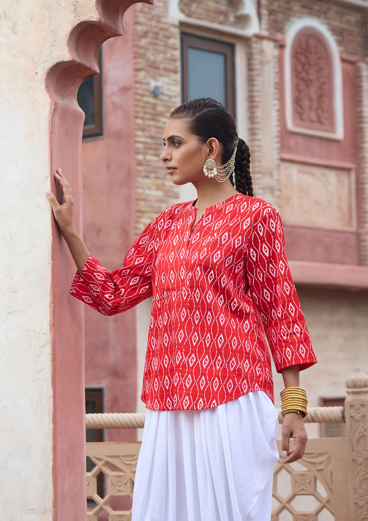 HOC Glazed Cotton Hand Block Printed with Hand Embroidery Women's Short Kurta - Red - Image 3
