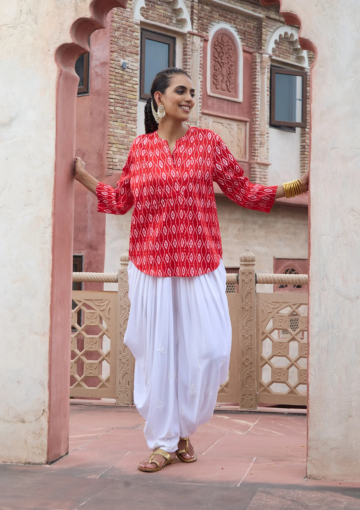 HOC Glazed Cotton Hand Block Printed with Hand Embroidery Women's Short Kurta - Red - Image 5