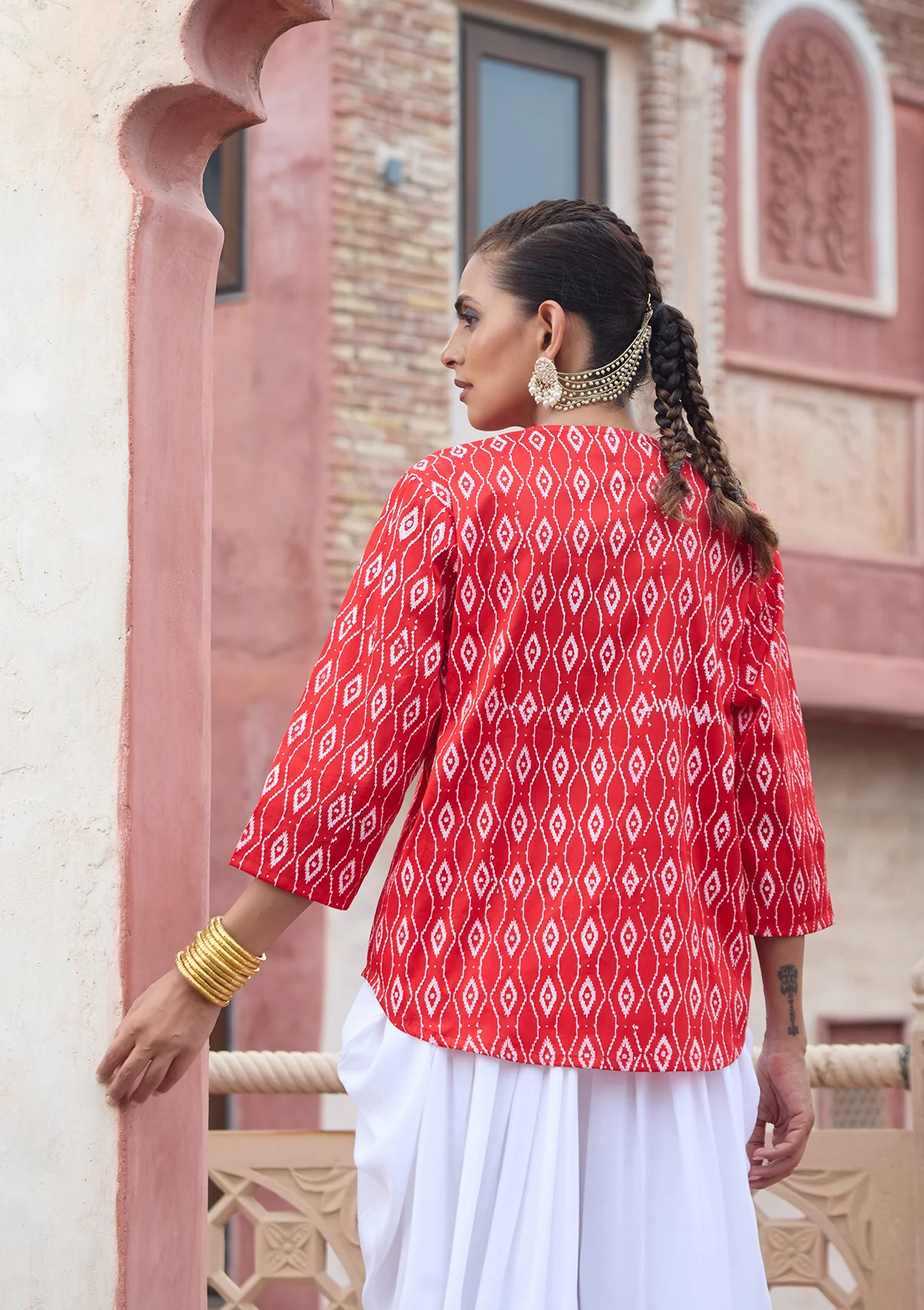 HOC Glazed Cotton Hand Block Printed with Hand Embroidery Women's Short Kurta - Red - Image 6